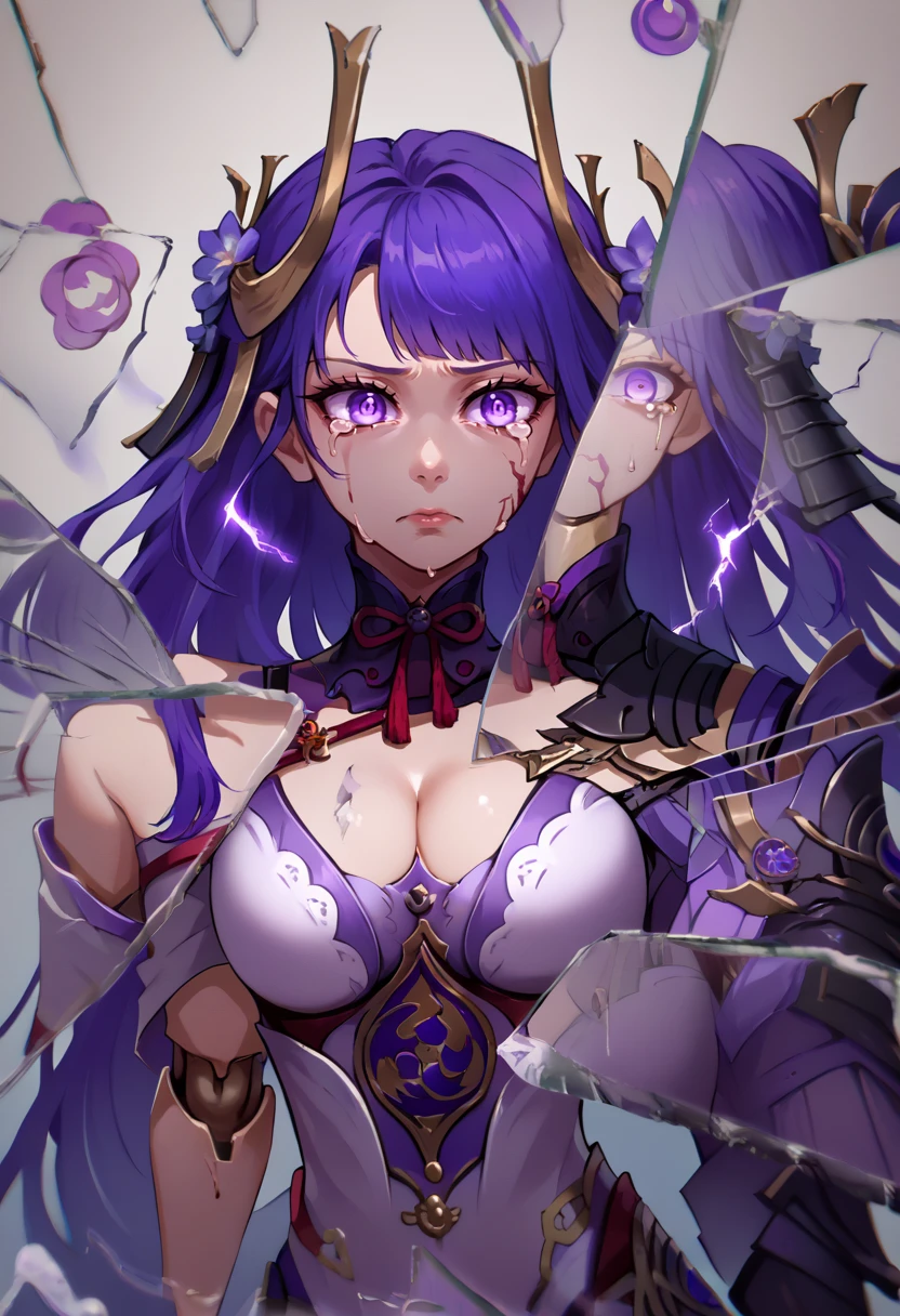 score_9, score_8_up, score_7_up, RdnShognMagatsu, long hair, large breasts, purple hair, purple eyes, hair ornament, horns, doll joints, tomoe (symbol), mitsudomoe (shape), ribbon, purple leotard, armor, shoulder armor, japanese armor, cleavage, <lora:RaidenShogun_MagatsuMitakeNarukamiNoMikoto_pdxl_Incrs_v1:1>, <lora:BreakingGlassXLPDCAME:1> IncrsXLBrknGls, broken glass, reflection, upper body, electricity, blood, disembodied limb, crying with eyes open,