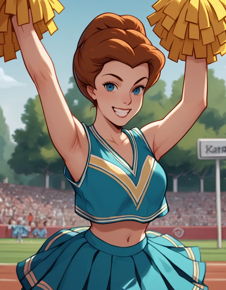 score_9, score_8_up, score_7_up, <lora:Mary_Darling_-_Peter_Pan-000007:1> mary_darling, blue_eyes, brown_hair, updo, cheerleader, pom pom \(cheerleading\), smile, happy, looking at viewer, cheering, one arm up,