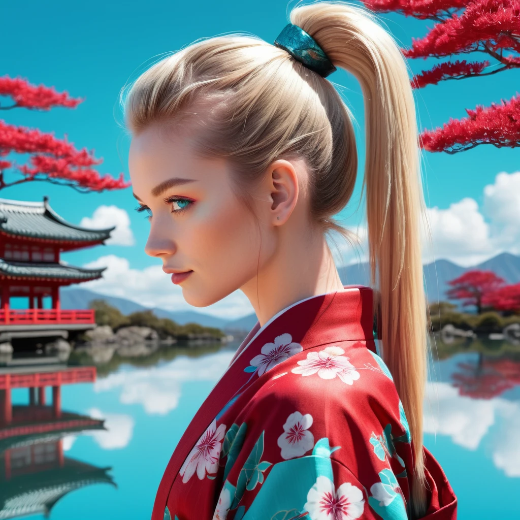 Holographic Reflection, 2.5D Ink Brush, Beautiful Girl, Kimono, Ponytail, Blonde, Turquoise Blue Sky, Crimson Blue Eyes, High Resolution, Holistic Red Garden, Perfect Blend