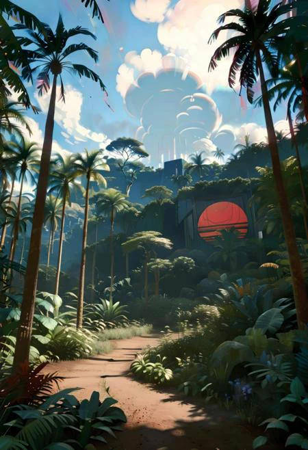 ART DECO Tropical Forest, trees, hills, clouds, AURIKA PILIPONIENE IRA KENNEDY MARCI MCDONALD HOLAKANOLA MARIA SERAFINA DEBBIE CRISWELL victo ngai henri rousseau vladimir kush Arief Putra Anita Inverarity Alenka Sottler Itzchak Tarkay remedios varo,cyberpunk 2077 style