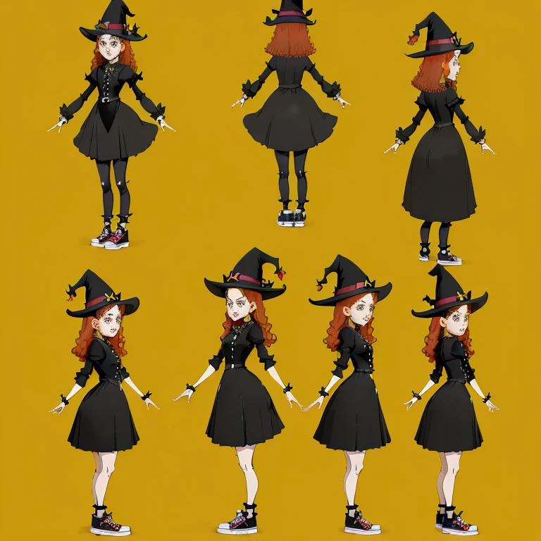 <lora:Everly_Heights_Character_Maker_1.5:1> 4view, Teen Witch with red hair wearing a black dress pointed hat and sneakers