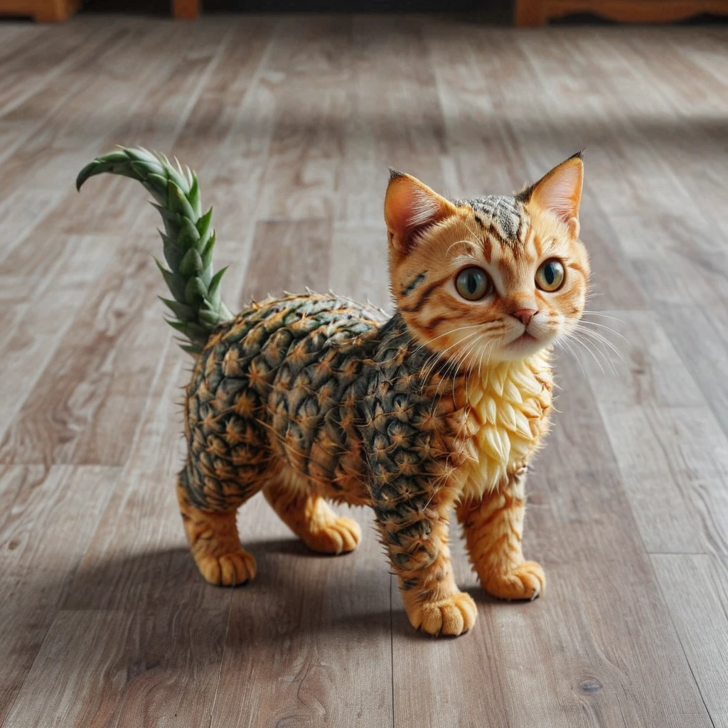 cute cat is walking on the floor
photography, Natural geographic photo, Hyper-realistic, 16k resolution, (masterpiece, award winning artwork), many details, extreme detailed, full of details, Wide range of colors, high Dynamic,
 <lora:PineappleMorph-SDXL-V0.1:1> pineapple