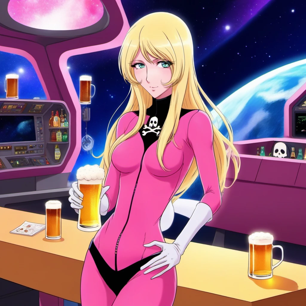 anime artwork a blond woman wears a pink bodysuit, long hair, gloves, skull and crossbones, having a beer in a spacepub   <lora:KeiYuki1024:0.8> . anime style, key visual, vibrant, studio anime,  highly detailed