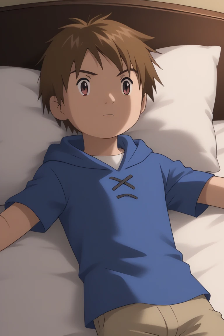 score_9, score_8_up, score_7_up, score_6_up, detailed, intricate details, highres, absurdres ,source_anime, cowboy shot, male focus, takato matsuki, brown hair, brown eyes, blue jacket, white shirt, 1boy, solo, male focus, bed, lying, pillow, hood, hoodie<lora:EMS-421330-EMS:1.000000>