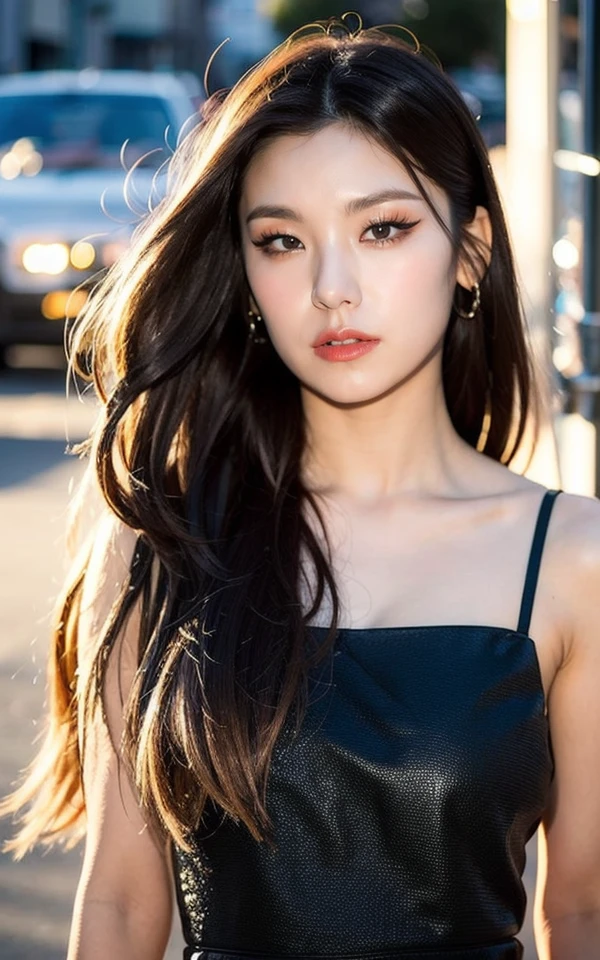 <lora:Yeji_V2:1> Yâ¬j!,, (realistic), (hyperrealism), (photorealistic:1.4), 1girl, looking at the viewer, eye makeup, detailed eyes, detailed face, (upper body:1.2), detailed background, black dress, walking at the streets, sunset, (windy:1.2)