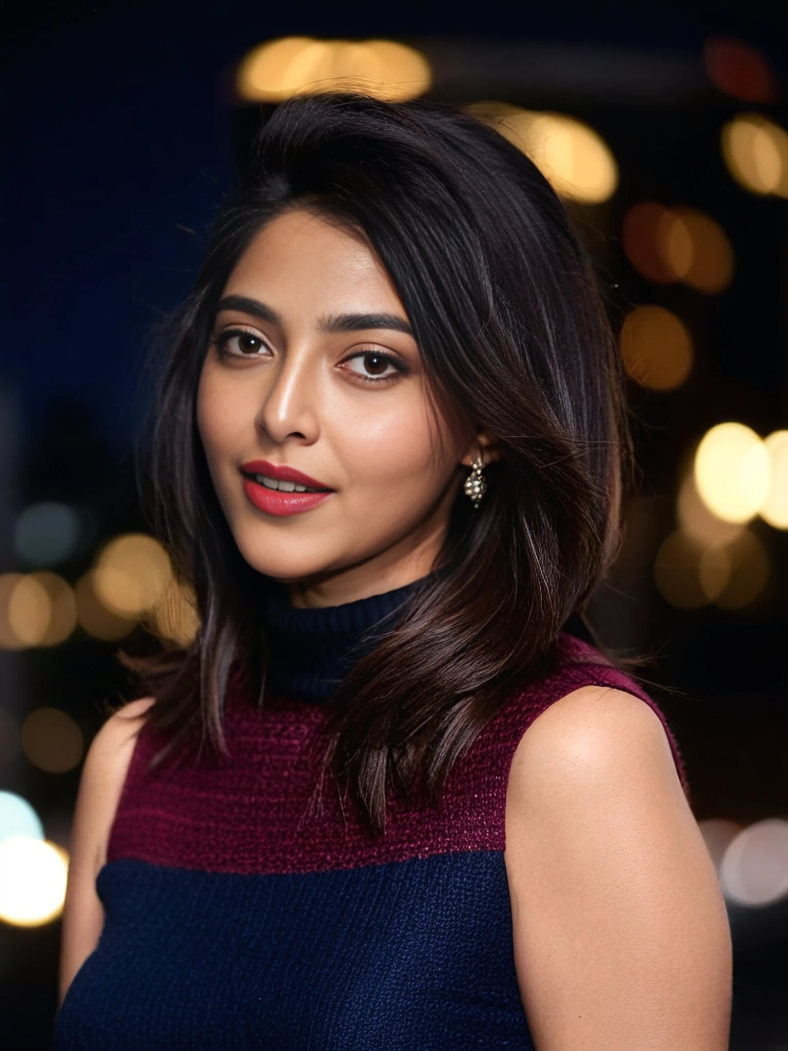 upper body photo of Aishwarya Lekshmi woman, solo,  hair cut, , looking at the camera,  Rose sleeveless turtleneck, night time, contrasting background bokeh,   <lora:Aishwarya_Lekshmi_SDXL_LoRA_prodigy_local_xformers_HNE:1>