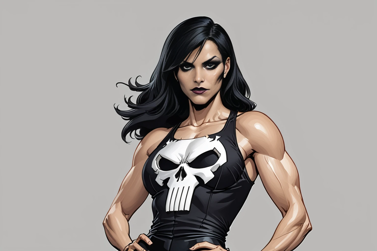 score_9,<lora:ArtgermPony:1>,<lora:Punisher_PDXL_spamb0t:0.6>,Marvel_Punisher as a female,1girl
BREAK long black hair,black tanktop,black military pants
BREAK black shirt with white skull on shirt
BREAK ripped outfit,torn clothes,very sweaty,sweaty clothes
BREAK sexy pose,standing with one leg bent backward, hands on hips