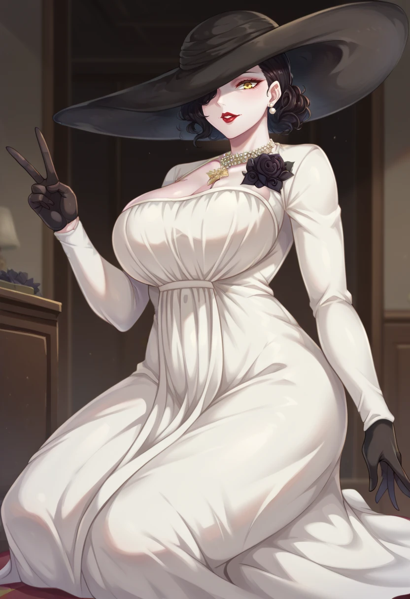 score_9,score_8_up,score_7_up BREAK <lora:Alcina:0.9>,AlcinadimitrescuSDXL,1girl,short hair,large breasts,black hair,gloves,hat,dress,jewelry,yellow eyes,flower,earrings,black gloves,necklace,white dress,makeup,lipstick,pale skin,sun hat,long dress,red lips,pearl necklace,black flower,black rose,tall female,hat over one eye,cowboy shot,room,room background,kneeling, v,