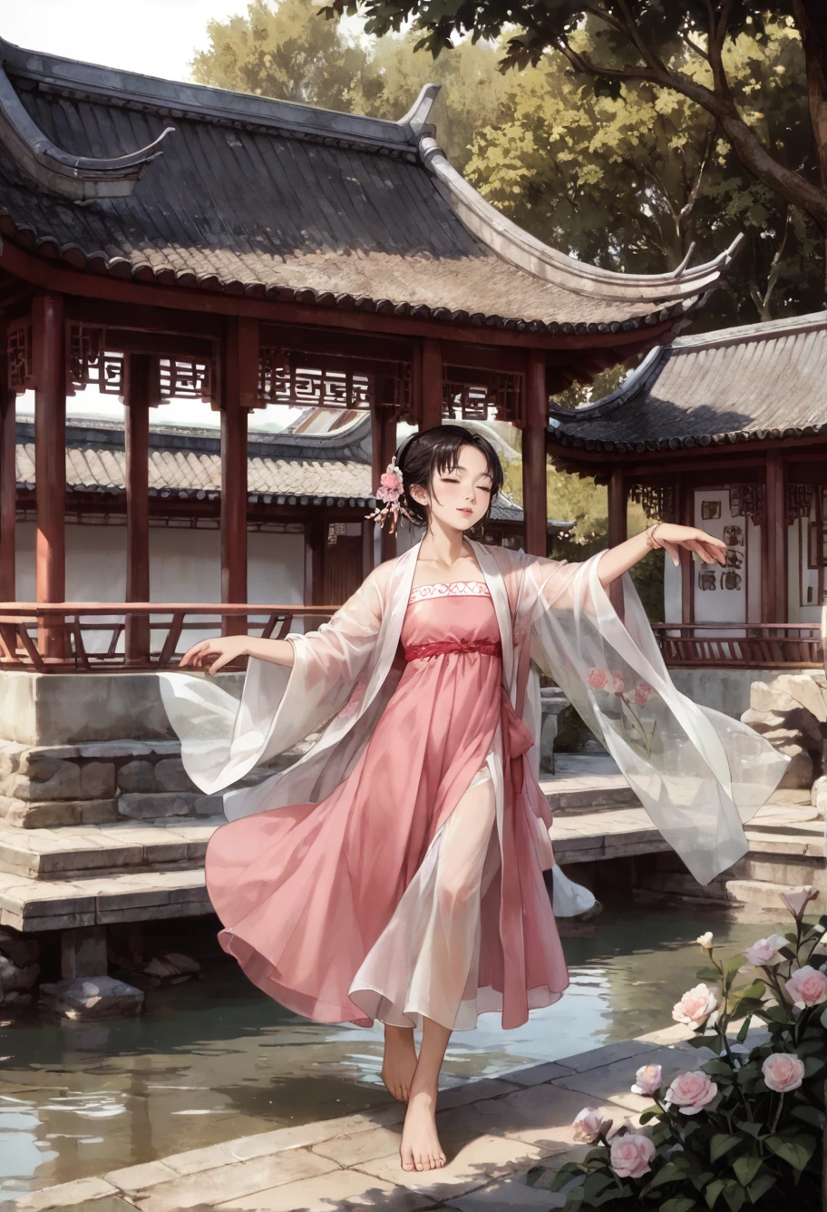 ,ruanyi0800,scenery,outdoors,east asian architecture,barefoot,dancing,flower,tree,water,,ruanyi0758,hanfu,pink dress,see-through,shawl,wide sleeves,jewelry,<lora:0800 Chinese courtyard_v1_pony:1>,<lora:0758 Peach Blossom Hanfu_v1_pony:0.8>, score_9,score_8_up,score_7_up,,8k,1girl,solo,,