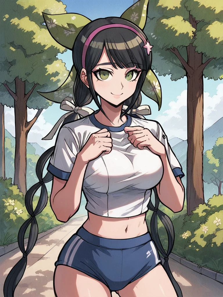 score_9, score_8_up, score_7_up, 
1girl, chabashira tenko, black hair, low twintails, long twintails, green eyes, hair bow, green bow, pink hairband

large breasts, gym uniform, standing, outdoors, tree, smile, looking at viewer, hands on own chest,
solo,