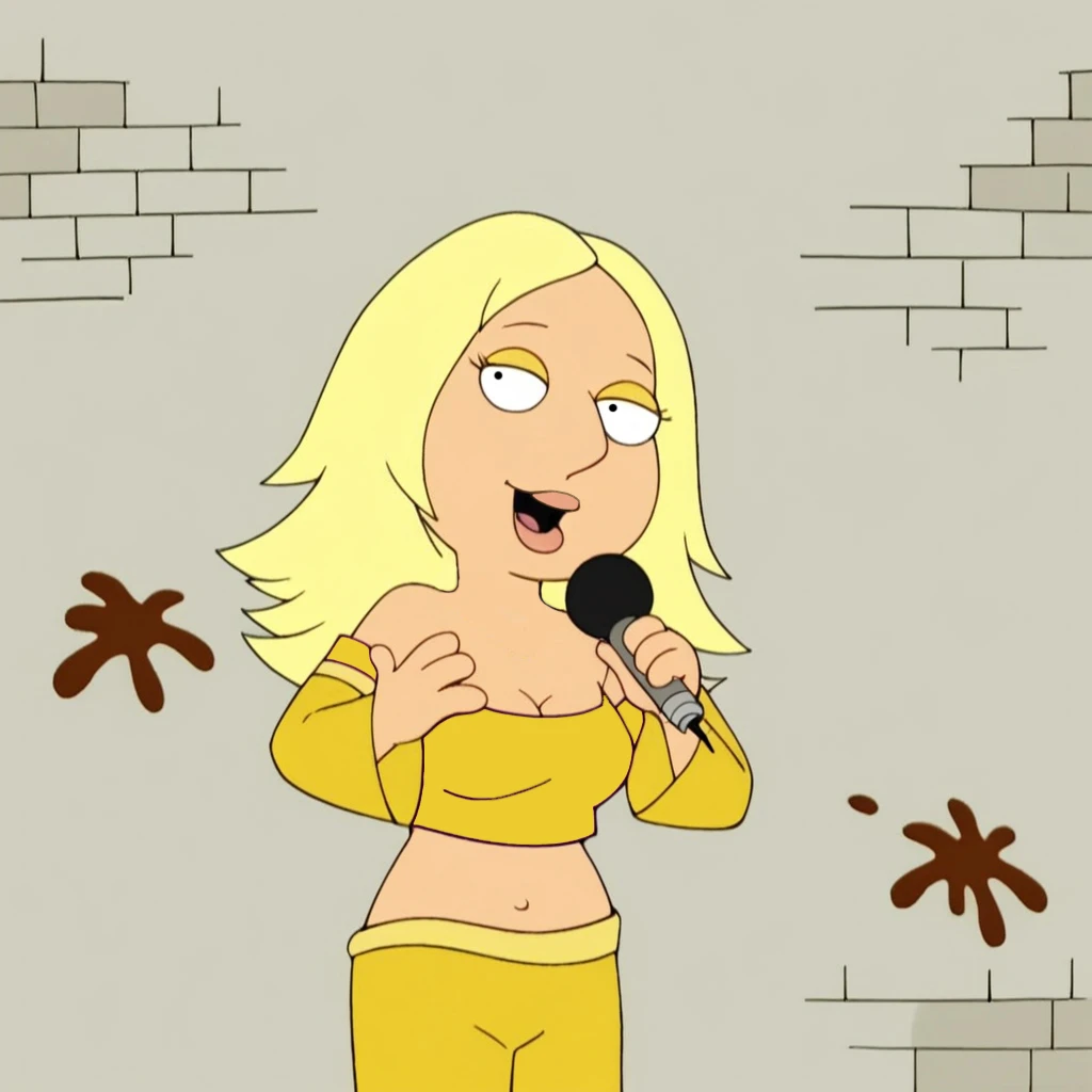 meg, blonde hair, 1girl,, solo, long hair, flat color, yellow crop top, detached sleeves, yellow jumpsuit, navel, cleavage, medium breasts, yellow eyeshadow, singing, holding microphone, standing, looking at viewer, singing, mouth open, prison, stage, score_9, score_8_up, score_7_up, score_6_up, score_5_up, score_4_up