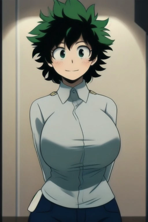 (masterpiece,best quality)),best res,(huge
breasts:1.3),good anatomy,cute,(sexy:1.3),ultra cute face,hot,female,smiling,extremely detailed face,4k,happy, upper body,,detailed eyes,beautiful,smiling,,cute,very cute,, ,blushing,upper body,leaning,closer,tall,arms,female,, , female,,, solo,skinny, looking at viewer, blush,,,skinny, perfect lighting,1girl,,, female,green hair,deku,short hair,standing,shirt,pants,arms on back,