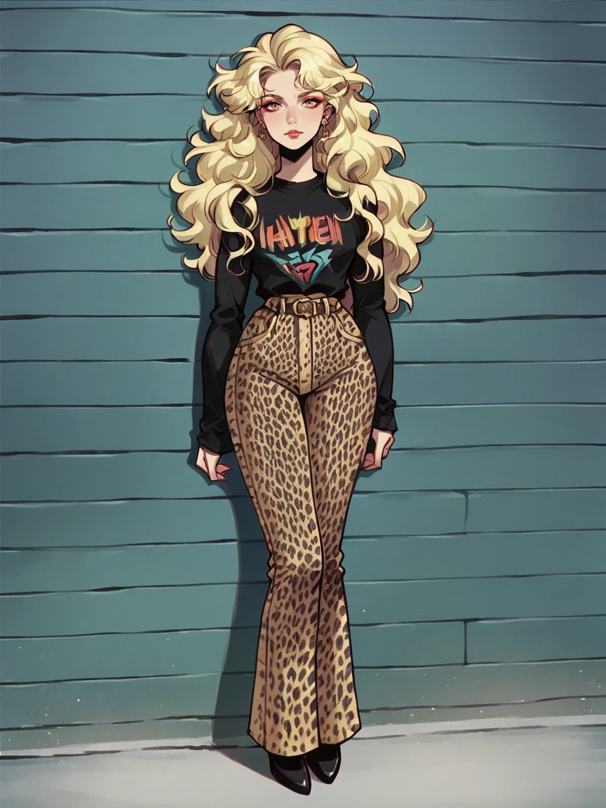 score_9, score_8_up, score_7_up, score_6_up, score_5_up, makeup, wavy hair, <lora:v1nv1xXLP:1> v1nv1x, 1girl, blonde hair, curvy, looking at viewer, 1980s, full body, leopard print pants,