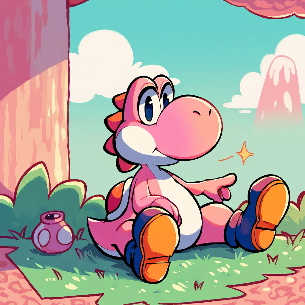 score_8_up, score_7_up, score_6_up, yoshi, on a mountain, pink skin, sitting, relaxed expression, outstanding, countershading, diadema