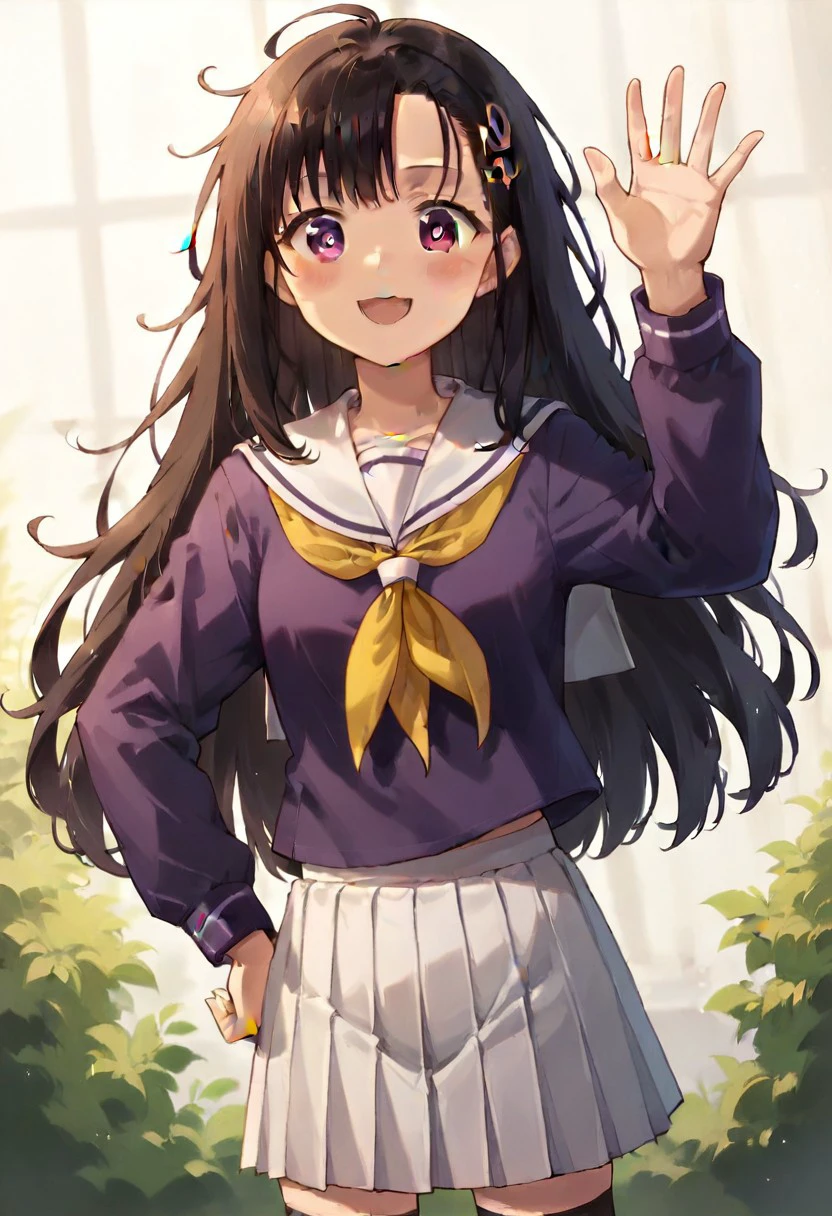 core_9, Score_8_up, Score_7_up,hitomi hino, long hair, black hair, hair ornament, (purple eyes:1.1) ,skirt, school uniform, pleated skirt, serafuku, white skirt, shirt, purple shirt, sailor collar, white sailor collar, long sleeves, handkerchief, yellow handkerchief, knee-high stockings, (unusual pupils),hand on hip, waving, (smile), messy hair, crazy blushing, (cute), (artwork: 0.8), (beautiful detailed eyes: 1.2), perfect lighting, extremely detailed CGI (perfect hands, perfect anatomy, (standing; 1.2)