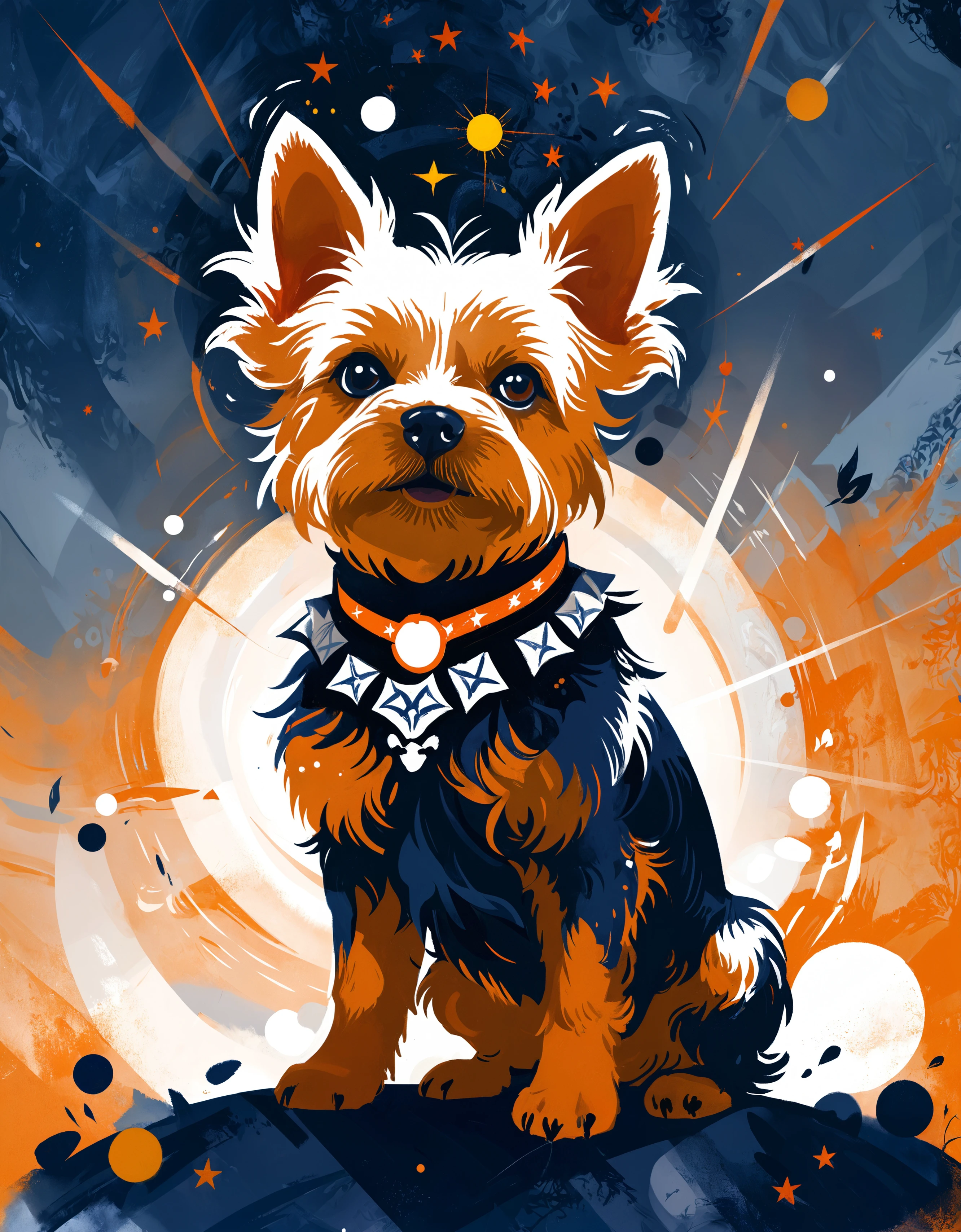 zavy-rghflt, painting, Spiritual, Ancient Navy, White and Orange Yorkshire Terrier, Bokeh, (art by Niko Henrichon:1.0) , Teslapunk, Side lighting, Unsplash, adobe lightroom, rich deep colors, great composition, artistic, stunning, located artistic, ambient light, sunny