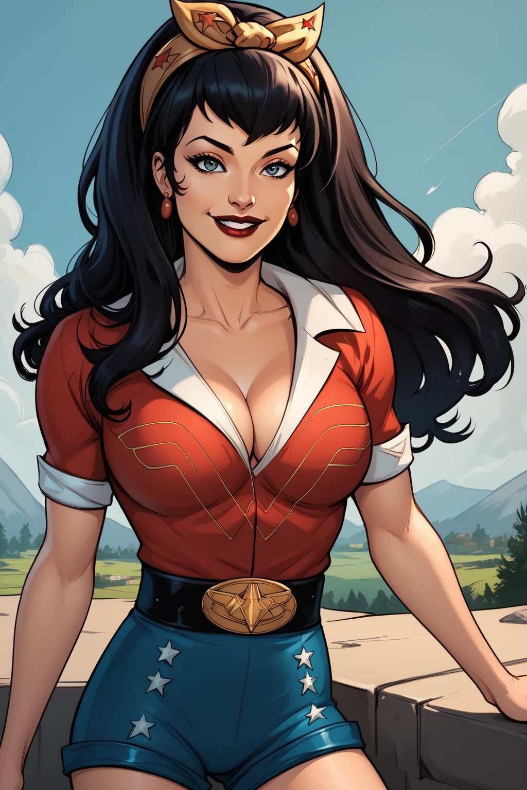 score_9, score_8_up, score_7_up, masterpiece, high quality, BREAK
 <lora:Bombshell Wonder WomanPonyLoRA:1>bmbshllwndrwmn, long hair, hairband, cleavage, blouse, earrings, belt, belt buckle, shorts, smile