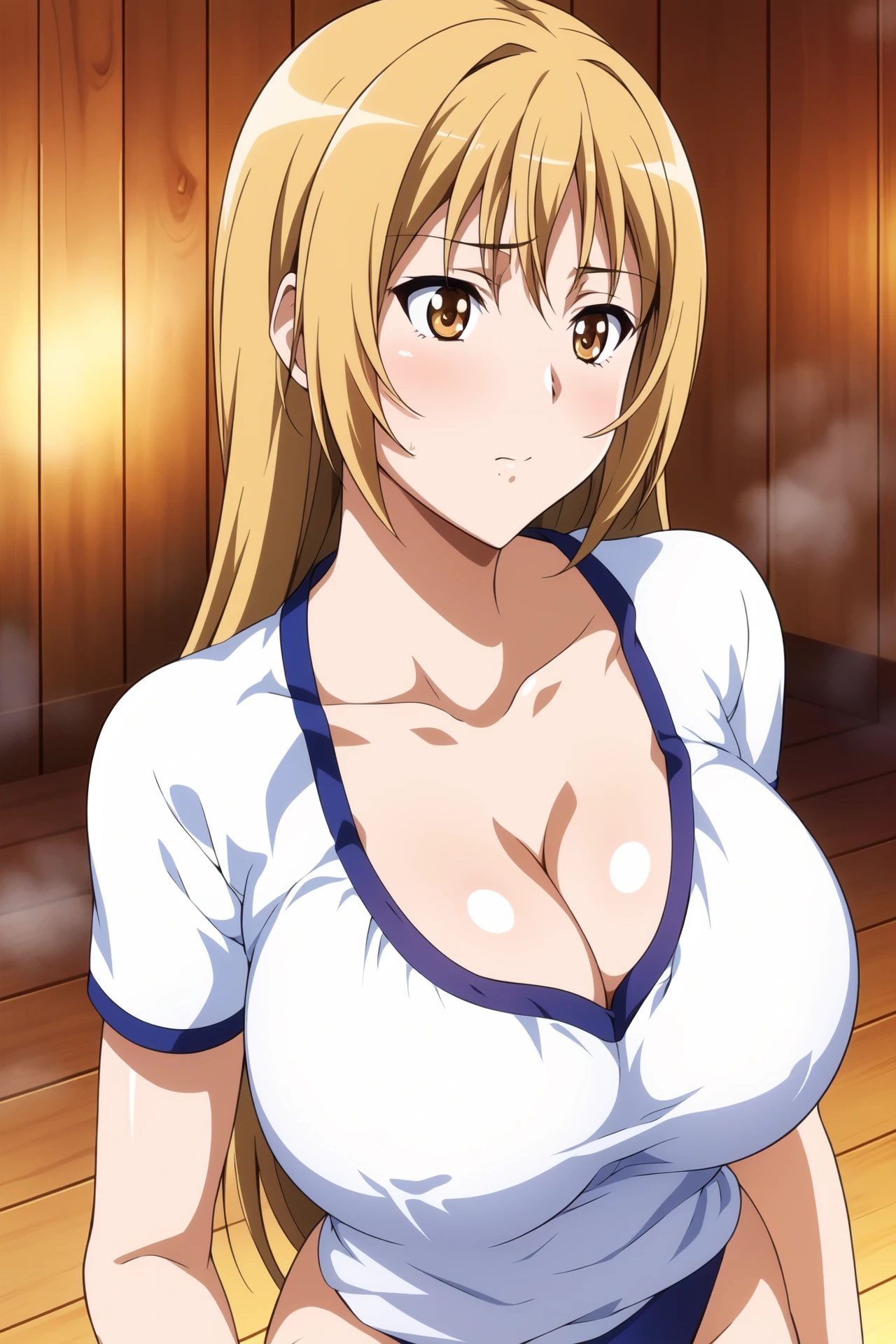 Indoors,sauna, wooden floor, wooden wall, 
dynamic pose,standing at attention,
blue buruma,gym uniform,short sleeves, collarbone, cleavage, blue panties, 
<lora:Riko_Ichinose_RanSem-KK77-Yes5-V2:0.7>,
brown eyes, long hair,blonde hair,Bangs,
<lora:more_details:0.1>,<lora:NovelAI_YesMix5_KKStyle-KK77-Yes5-V1:0.3>,
1 girl, 20yo,Young female,Beautiful long legs,Beautiful body,
Beautiful Nose,Beautiful character design, perfect eyes, perfect face,expressive eyes,perfect balance,
looking at viewer,(Focus on her face),closed mouth, (innocent_big_eyes:1.0),(Light_Smile:0.3),
official art,extremely detailed CG unity 8k wallpaper, perfect lighting,Colorful, Bright_Front_face_Lighting,White skin,
(masterpiece:1.0),(best_quality:1.0), ultra high res,4K,ultra-detailed,
photography, 8K, HDR, highres, absurdres:1.2, Kodak portra 400, film grain, blurry background, bokeh:1.2, lens flare, (vibrant_color:1.2),professional photograph,
(Beautiful,large_Breasts:1.4), (beautiful_face:1.5),(narrow_waist),