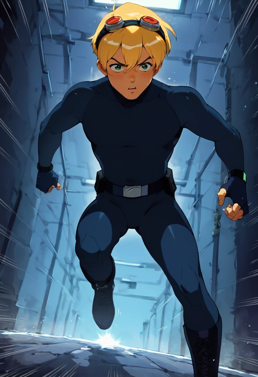 embedding:Pony\Positive\zPDXL2, score_9, score_8_up, score_7_up, kylekatz_ts!, 1boy, blonde hair, light tanned skin, green eyes, body suit, navy catsuit, red goggles, goggles on head, belt, fingerless gloves, boots, running, heavy breaths, dynamic pose, dynamic angle, emphasis lines