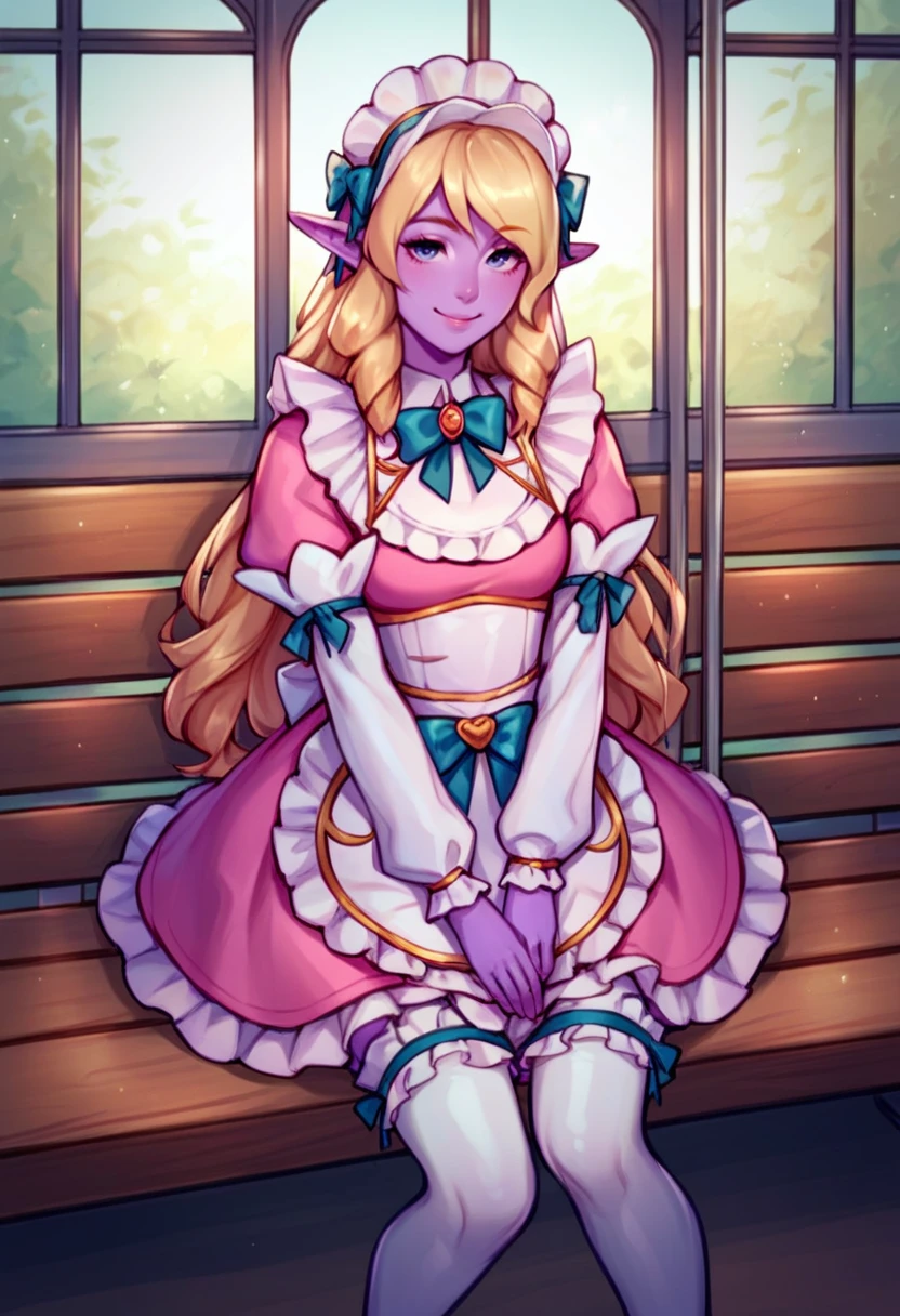 <lora:Cafe_Cuties_Soraka:0.8> 1girl, solo, ccsoraka, purple skin, pink maid, blonde hair, pointy ears, frilled thighhighs, train station, bench, sitting, smile, score_9, score_8_up, score_7_up, score_6_up, score_5_up, score_4_up,