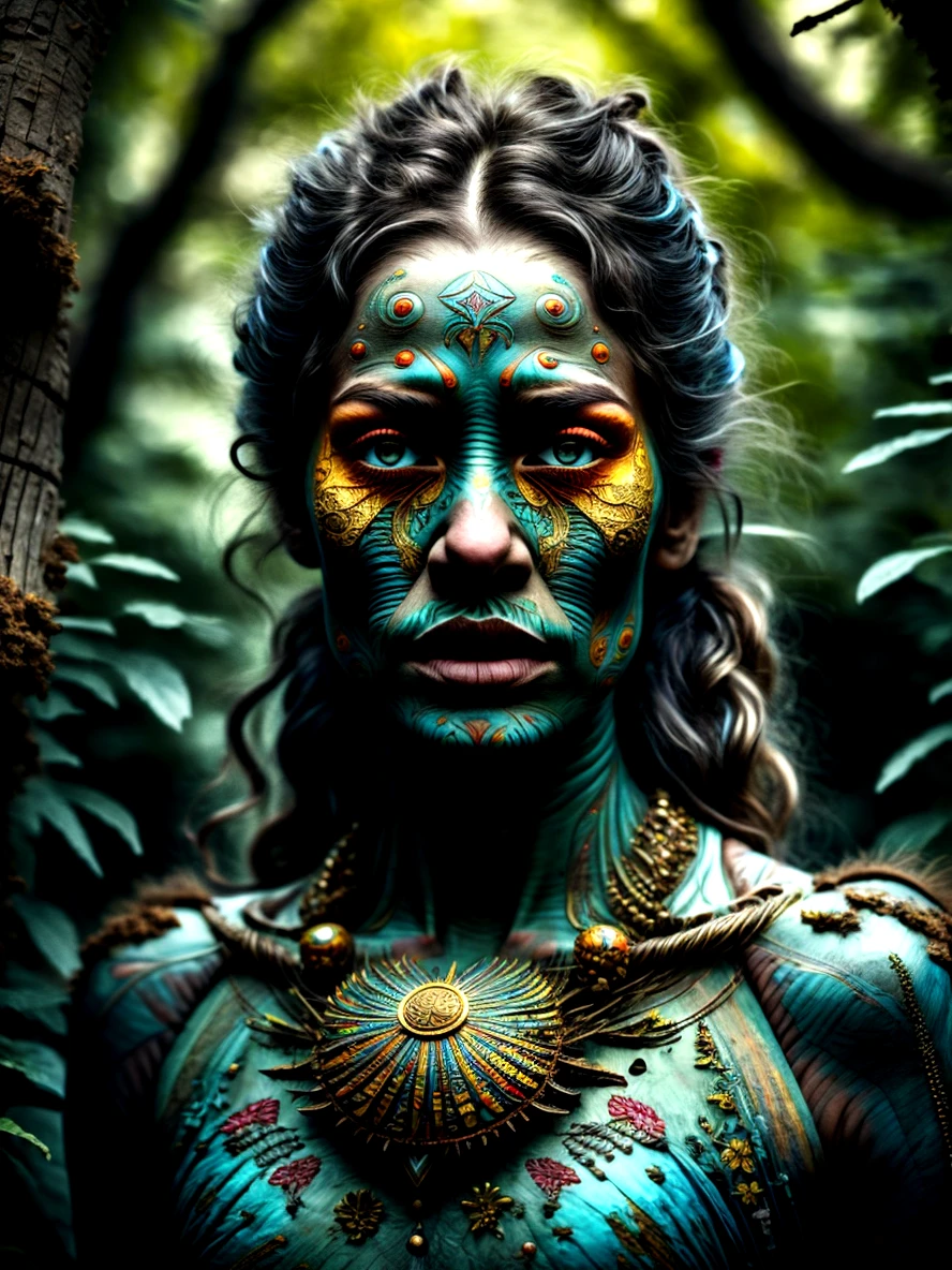 woman in a mythical forest, masterpiece, perfect face, intricate details, horror theme <lora:NATRANI:1> n8tr1, bodypaint, 1stincarnation, fireincarnation, goddess of dance, ivorydepth, merincarnation,