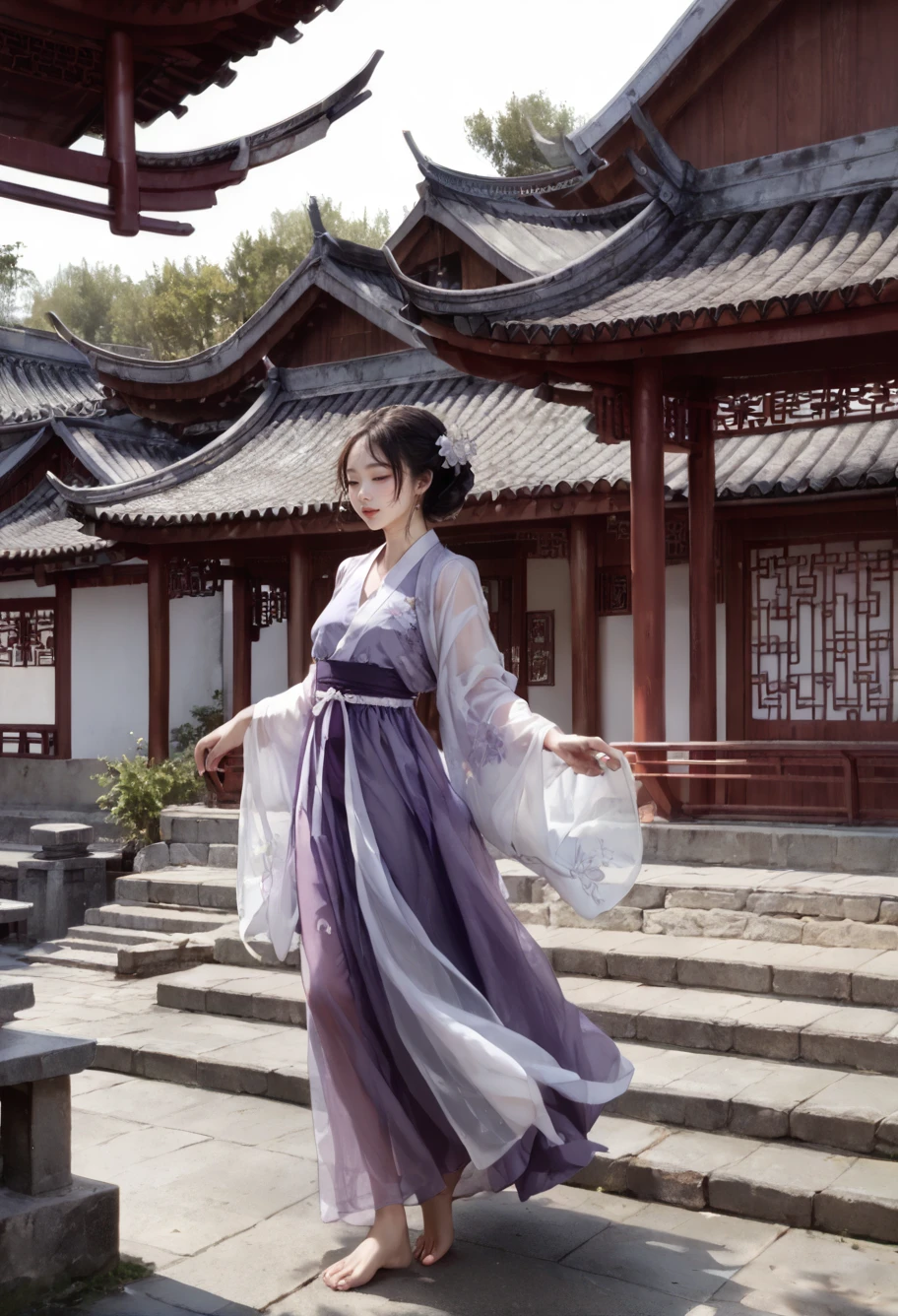 ,ruanyi0800,scenery,outdoors,east asian architecture,,ruanyi0752,hanfu,purple dress,see-through,wide sleeves,barefoot,dancing,<lora:0800 Chinese courtyard_v1_pony:1>,<lora:0752 Wisteria butterfly hanfu_v1_pony:0.8>, score_9,score_8_up,score_7_up,,8k,1girl,solo,,