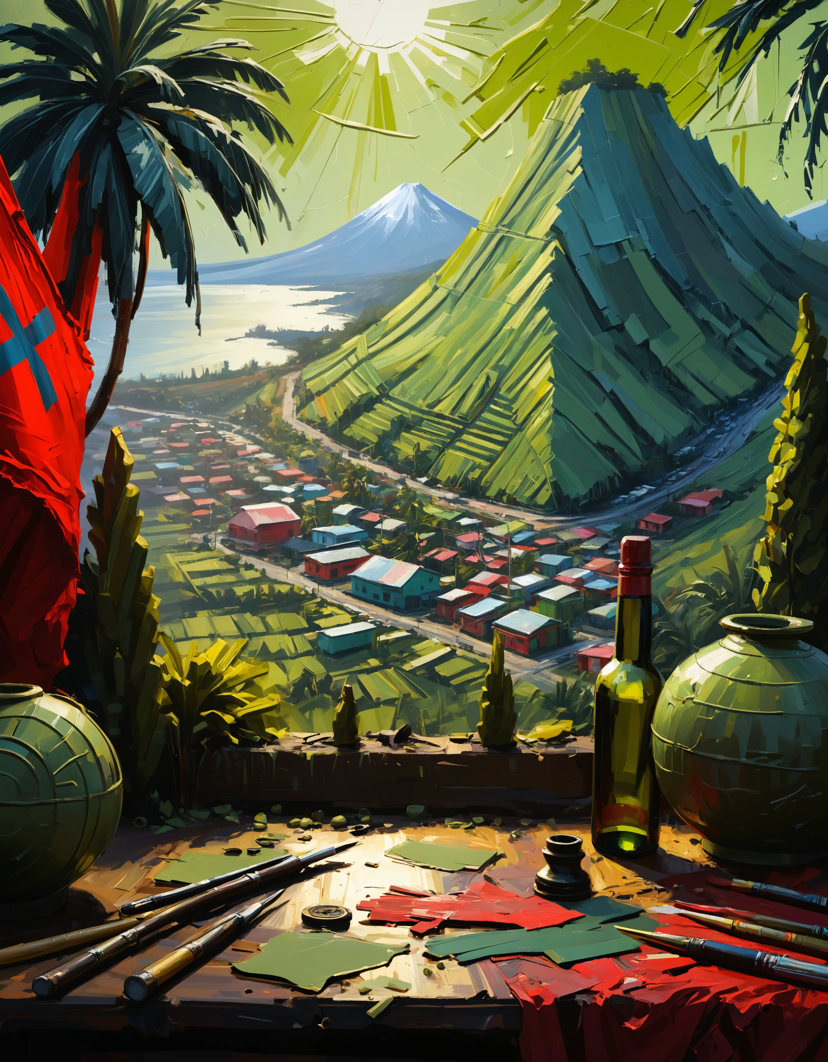 zavy-rghpnt, insane details, Distorted Olive "Bolshevik Revolution", Dominica in background, Peaceful, 50mm, zen, contemporary fine detail, enchanted, cool colors, cinematic light, highly detail, sublime, dramatic, complimentary colors, artistic, extremely stylish