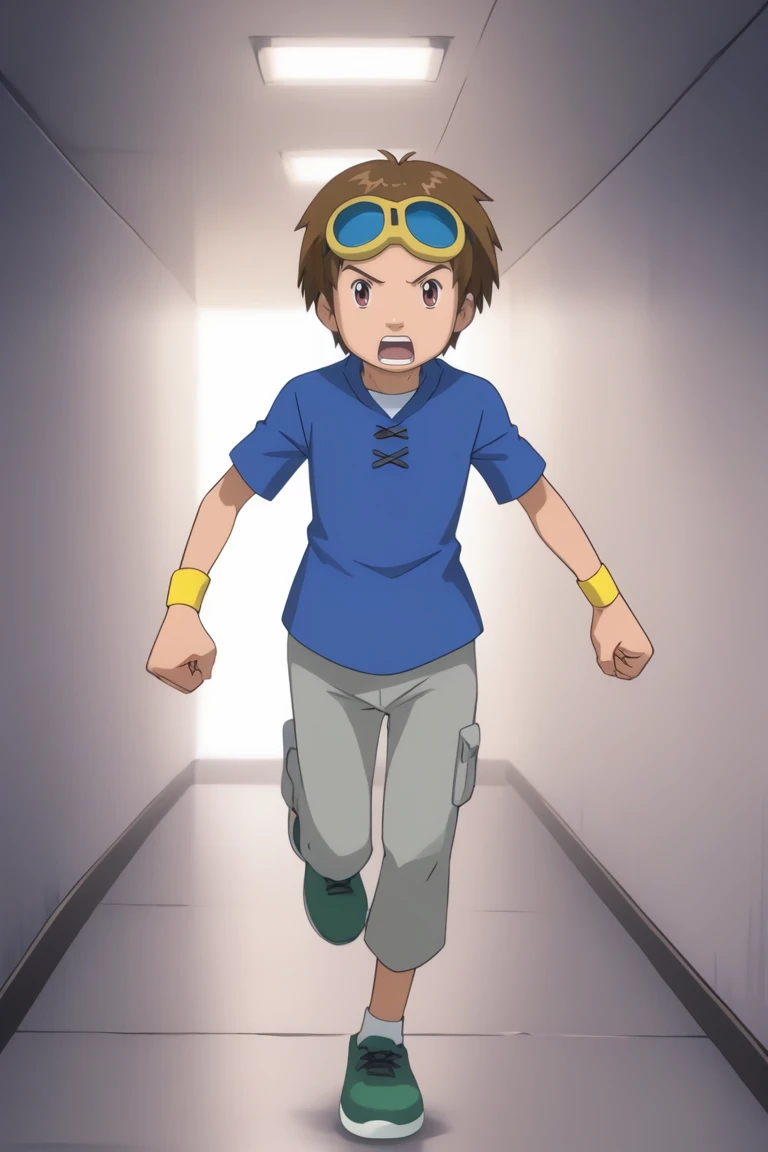 score_9, score_8_up, score_7_up, score_6_up, detailed, intricate details, highres, absurdres ,source_anime, cowboy shot, male focus, takato matsuki, brown hair, brown eyes, blue jacket, white shirt, 1boy, male focus, solo, goggles, goggles on head, open mouth, shirt, parody, grey pants, clenched hands, teeth, blue shirt, running, pants, t-shirt, wristband<lora:EMS-421330-EMS:1.000000>