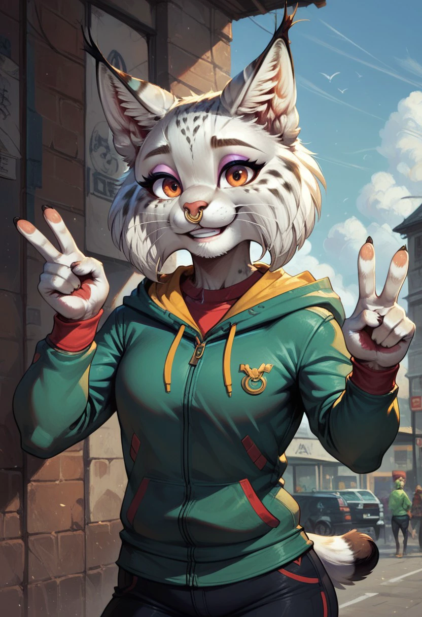 score_9, score_8_up, score_7_up, score_6_up, ultra quality, detailed, smooth outlines, 1girl, NooshyXL, furry female, anthro, lynx girl, white fur, orange eyes, animal nose, animal ears, parted lips, green hoodie, black pants, looking at viewer, smile, v sign, sky, 4k, hi res