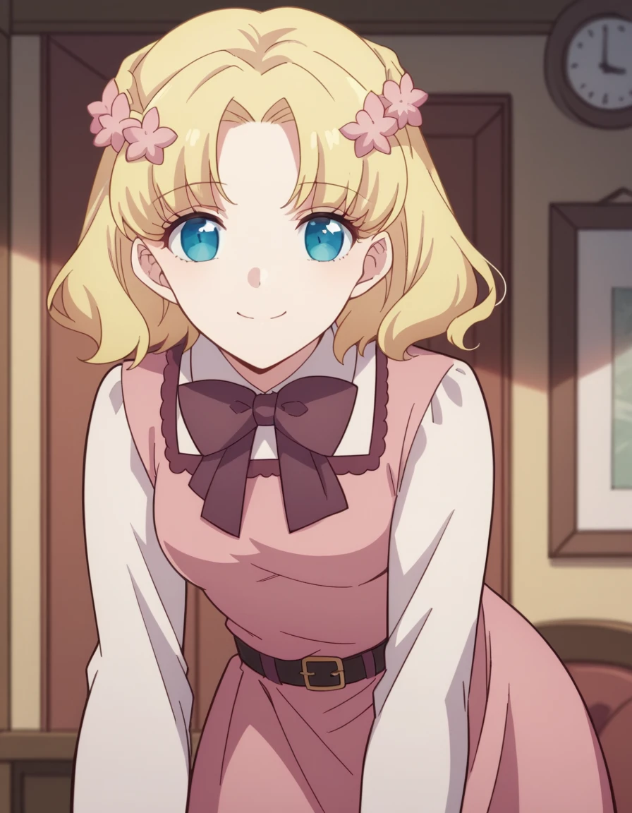 score_9, score_8_up, score_7_up, source_anime, <lora:maria-campbell-s2-ponyxl-lora-nochekaiser:1>, maria campbell, short hair, blue eyes, blonde hair, hair ornament, flower, hair flower, parted bangs,, shirt, long sleeves, dress, bow, white shirt, belt, bowtie, pink dress,, indoors, bent over, smile, looking at viewer, solo,, cowboy shot, dutch angle