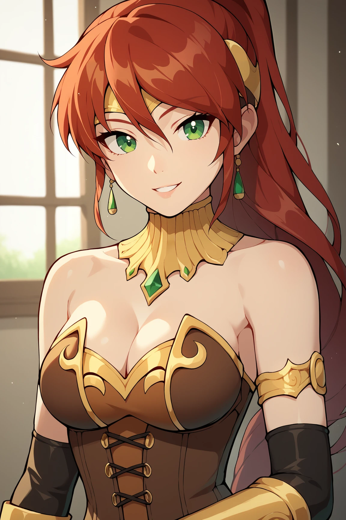 score_9, score_8_up, score_7_up, score_6_up, BREAK, PyrrhaNikosXL, green eyes, red hair, long hair, ponytail, hair between eyes, forehead protector, medium breasts, bare shoulder, gold gorget, cleavage, brown corset, gold armlet, black elbow gloves, solo, front view, (portrait, upper body), solo focus, seductive smile, looking at viewer, indoors <lora:PyrrhaNikosXL:0.8>