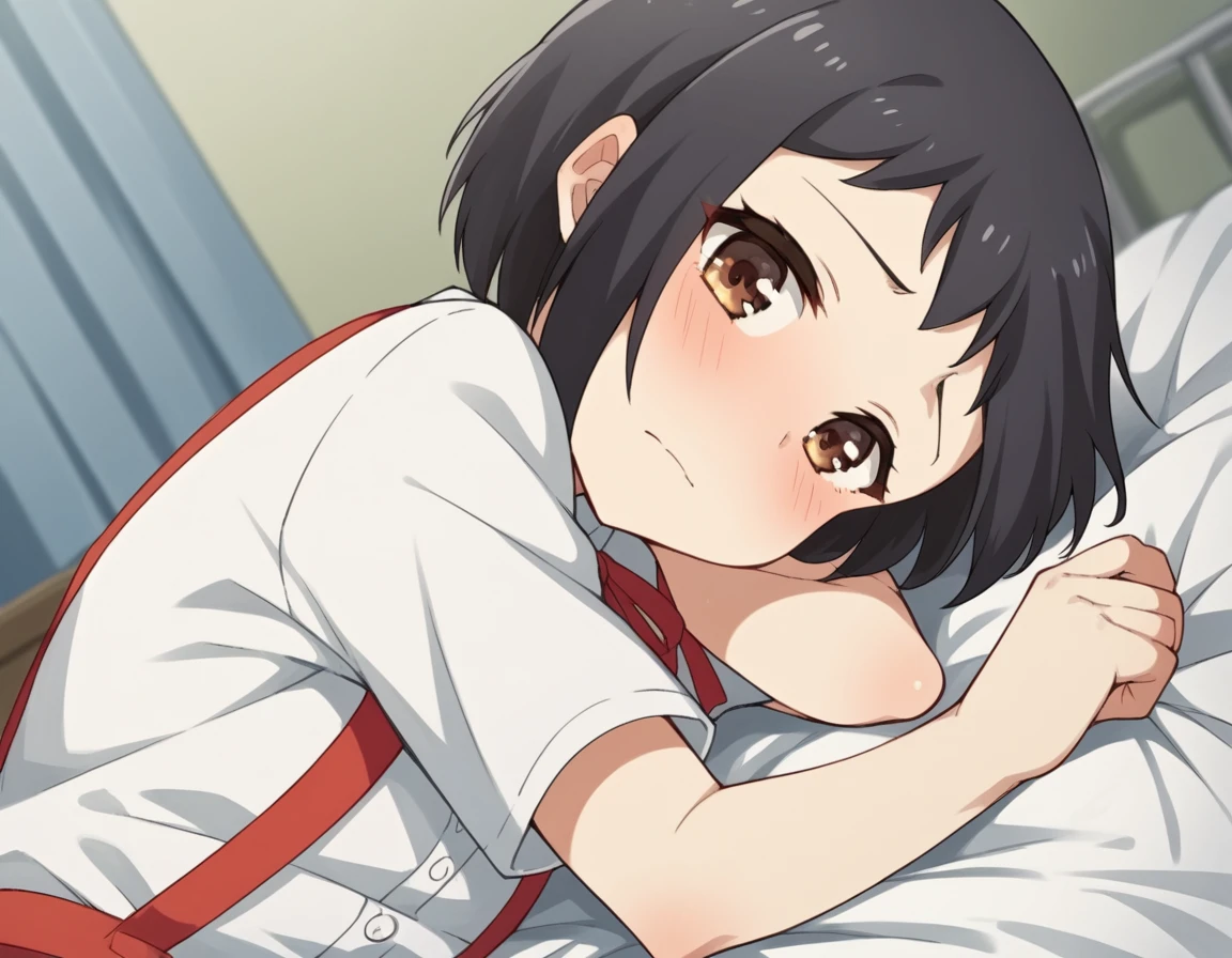 score_9, score_8_up, score_7_up, source_anime, <lora:hanako-hasegawa-ova-ponyxl-lora-nochekaiser:1>, hanako hasegawa, short hair, black hair, brown eyes,, skirt, shirt, ribbon, school uniform, white shirt, red ribbon, suspenders,, indoors, bed, bed room, on side, blush, drunk, looking at viewer, solo,, cowboy shot, dutch angle
