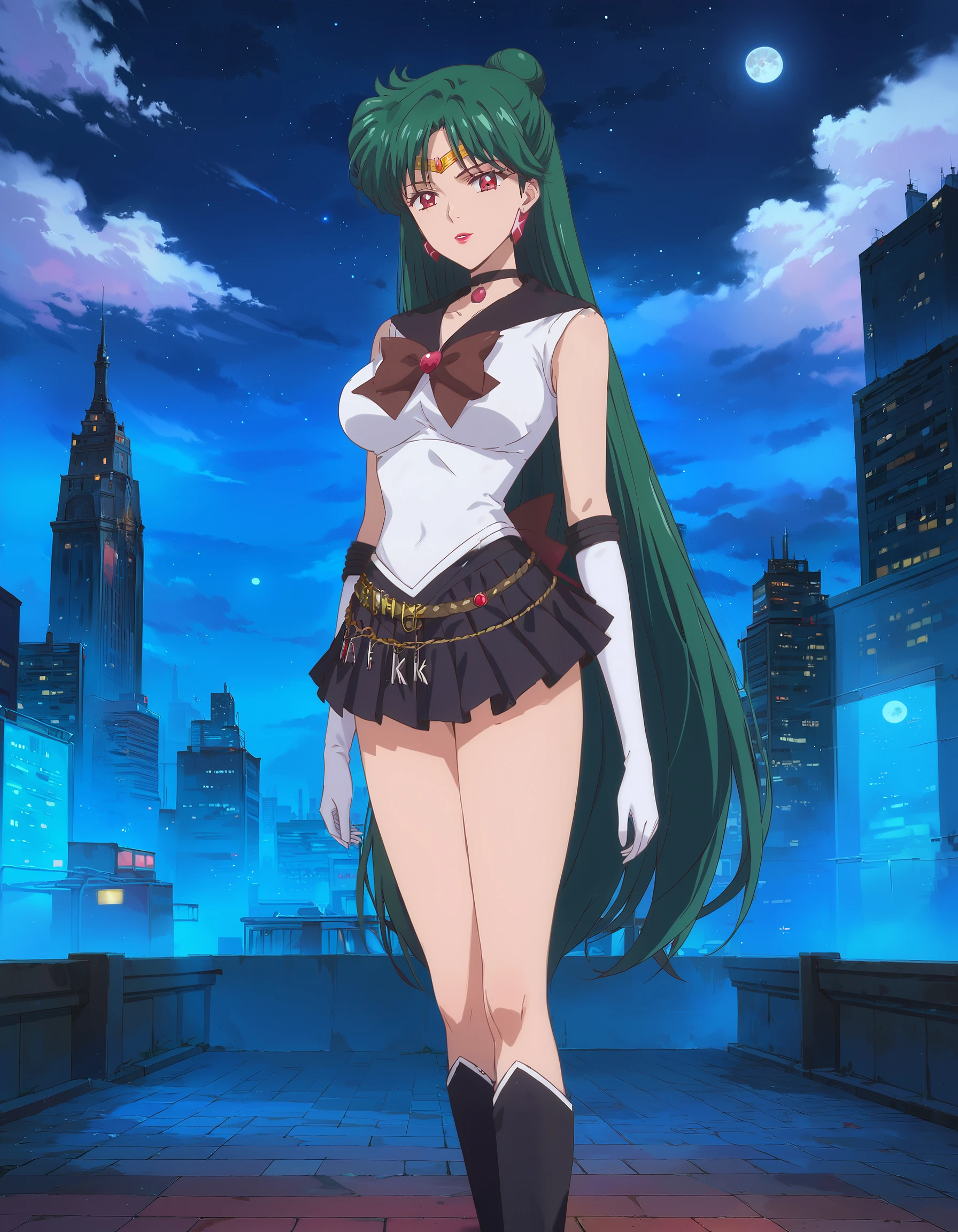 score_9, score_8_up, score_7_up, masterpiece, absurdres, source_anime, 

1girl, SailorPluto, green hair, long hair, hair bun, red eyes, lipstick, jewelry, tiara, choker, black choker, big breast, white shirt, sailor collar, brown bun, mini skirt, black skirt, rope belt, knee boots, black boots, white gloves, long gloves,
outdoors, cityscape, night, moon, starry sky, dark, looking at viewer, cowboy shot,