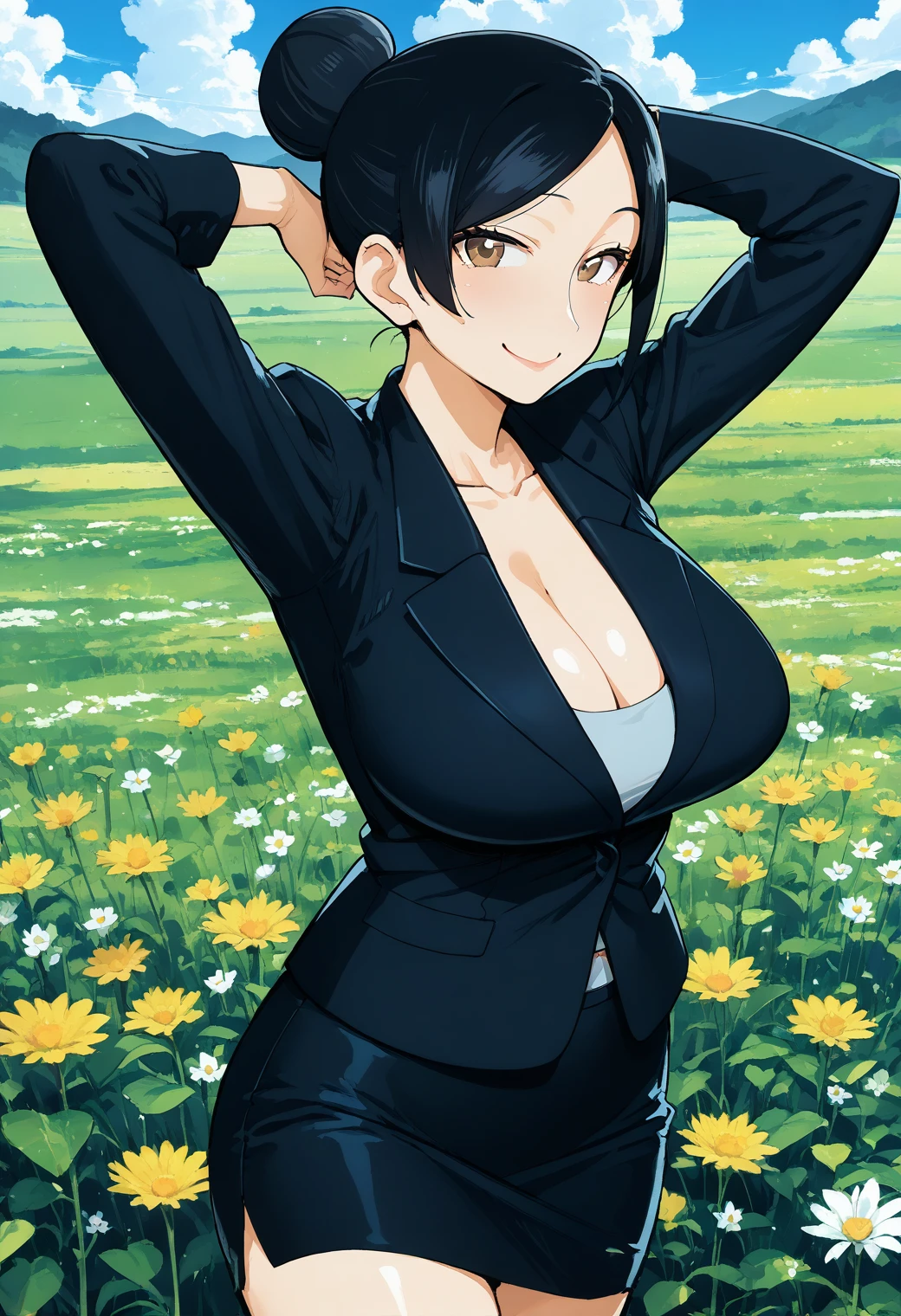 1girl, solo, (field:1.2), (sky:1.2), (cowboy shot:1.2), smile, huge breasts, (dynamic pose:1.2),
takizawa_kyouko, mature female, brown eyes, black hair, hair bun, single hair bun, collarbone, office lady, business suit, black suit, formal, black skirt, <lora:takizawa_kyouko_pony_ver2:0.8>, score_9, score_8_up, score_7_up, source_anime, best quality, uncensored, rating_safe,