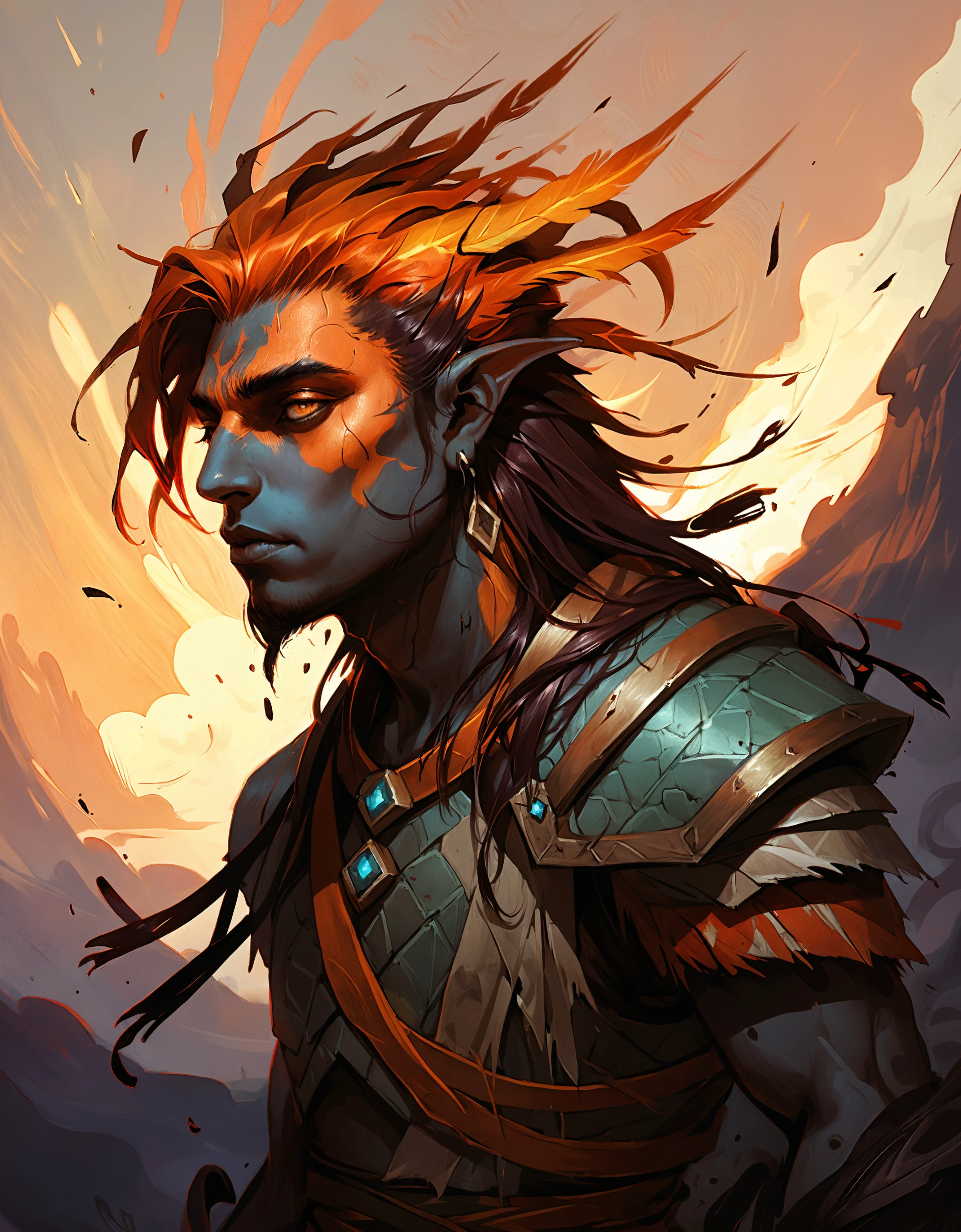 zavy-rghflt, designed by Yuri Shwedoff, painting, Dutch angle shot of a Male Zandalari, he has dark orange hair styled as Layered, at Dawn, Fantasy, Colorful, D&D, fantastic aesthetic, deep rich colors, cute, highly contrasted, highly color focused, illustrious, stunning detail