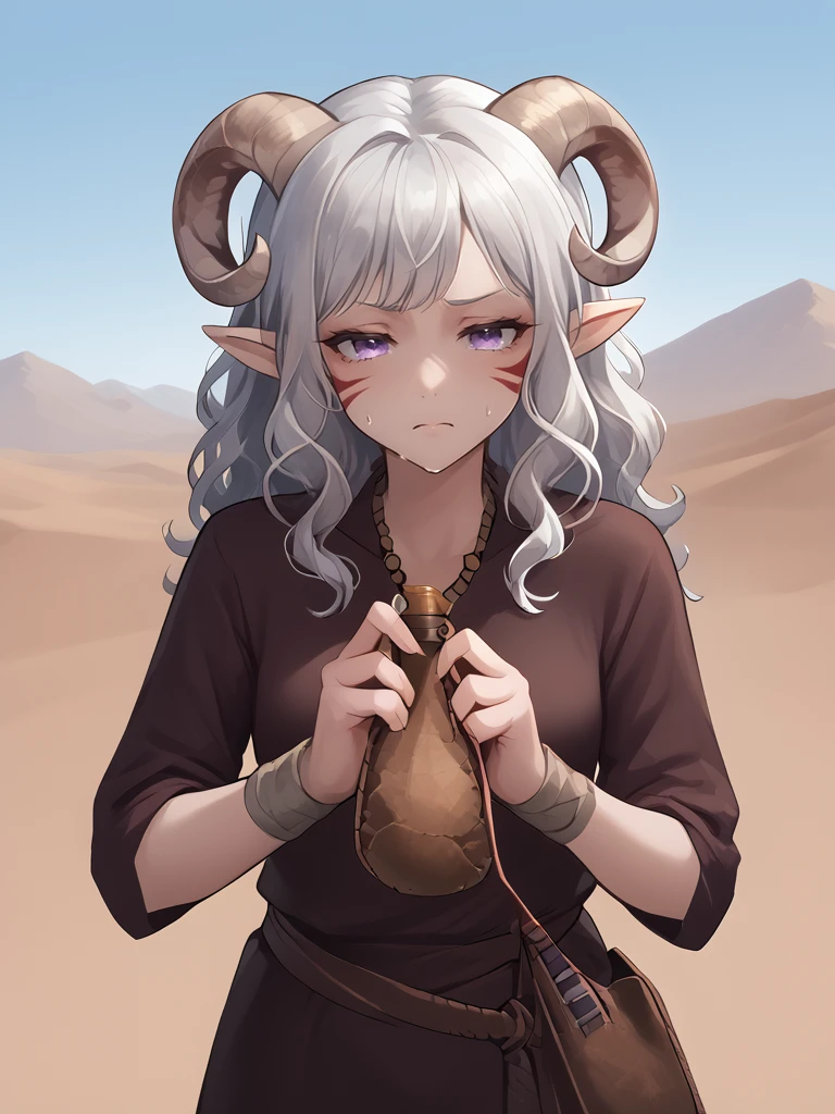 source_furry, score_7_up, rating_safe, source_anime, anime face, <lora:whisker_markings:0.8>red whisker_markings, silver long wavy hair,  bell necklace, short pointy ears, purple eyes, <lora:age_slider_v4:0.6>
waterskin:1.5, on wrist:1.4, belt,  holding waterskin by right hand:1.5, water drop, sweat:1.2, brown water bottle, 
<lora:Smooth Style 2 SDXL_LoRA_Pony Diffusion V6 XL:0.4> tired:1.2 ,  open eyes, <lora:Test_Diana:0.8> tiefling_bard_diana:1.2, <lora:INKxXmo shaded face:0.5> Shaded FaceINKxXmo Dark Theme, 
<lora:waterskin:1.8> desert,