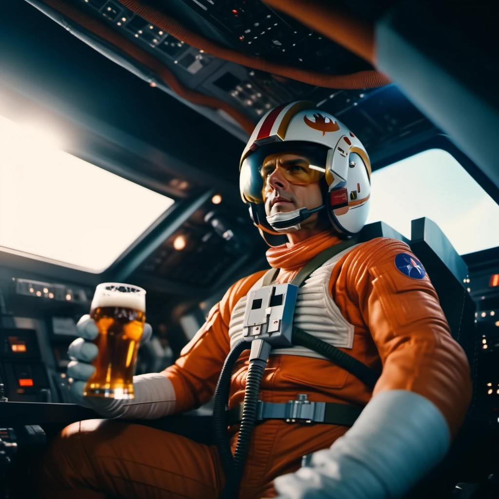 cinematic photo tom cruise wears helmet, gloves, orange and white spacesuit, having a beer, in cockpit, in space  <lora:StarWars1024:0.8> . 35mm photograph, film, bokeh, professional, 4k, highly detailed