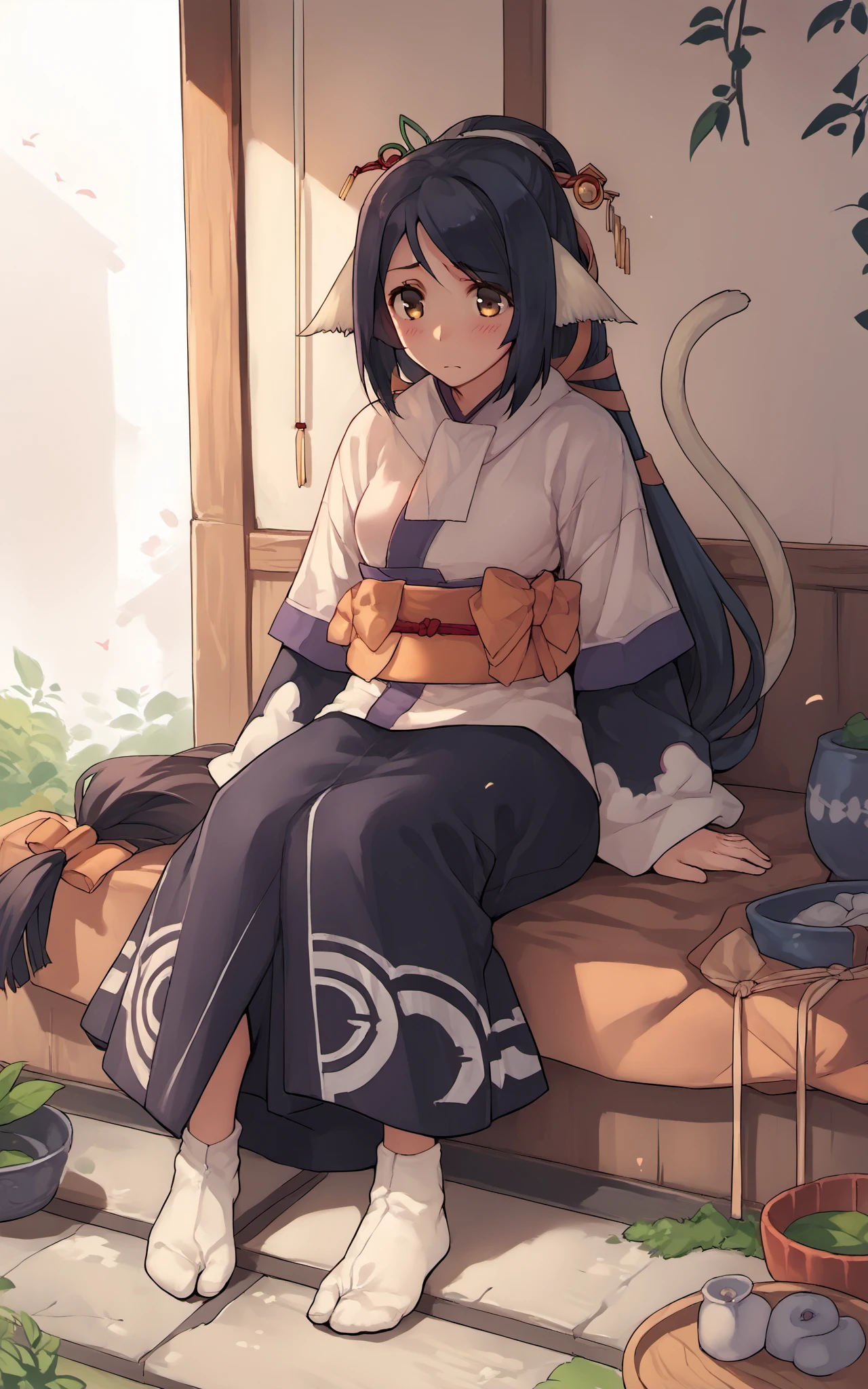 score_9,score_8_up,score_7_up,score_6_up,score_5_up,score_4_up,source_anime,1girl,<lora:kuon_pony:0.8>,kuon \(utawarerumono\),japanese clothes,kimono,long hair,tail,sash,low-tied long hair,<lora:tabi_pony-000015:0.6>,white socks,tabi,sitting,shy,