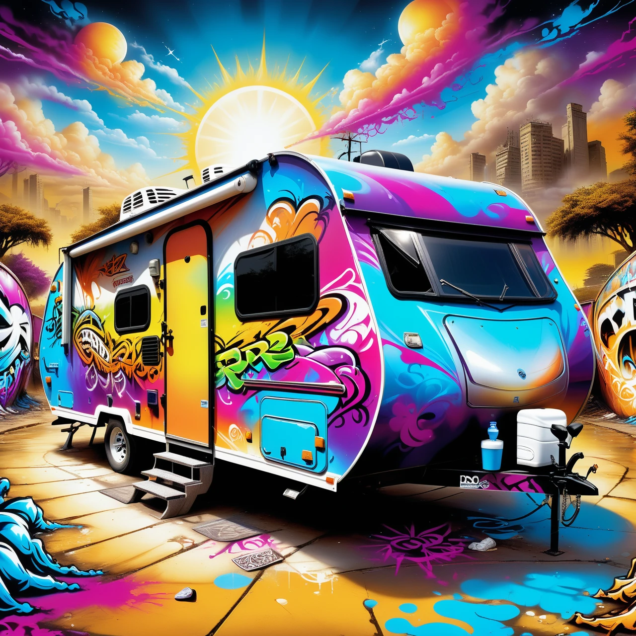 Jed-Gr4ff1t1,<lora:GraffitiStyle-000003:1>, Digital art, "Caravan", background, Lightcore, RTX, D&D, illustration, handsome, professional creative, sunny, magical atmosphere, extremely rich detail, ambient illumination, complex artistic color composition, dynamic cinematic color, highly decorated