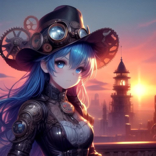 Cowboy shot photo, Cogs and gears, steam punk, Victorian fantasy,,colorful, vibrant, 1girl, long voluminous hair, beautiful blue eyes, goggles on forehead, curious expression, (riding in a sky ship:.7), smog covered sun, rising steam effects, masterpiece, best quality, ultra detailed, absurdres, 8k uhd, warm soft lighting