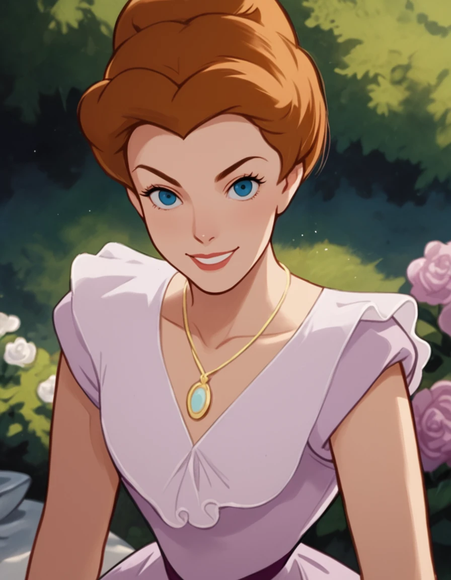 score_9, score_8_up, score_7_up, <lora:Mary_Darling_-_Peter_Pan-000007:1> mary_darling, blue_eyes, brown_hair, updo, lavender_dress, golden_necklace, looking at viewer, smile,