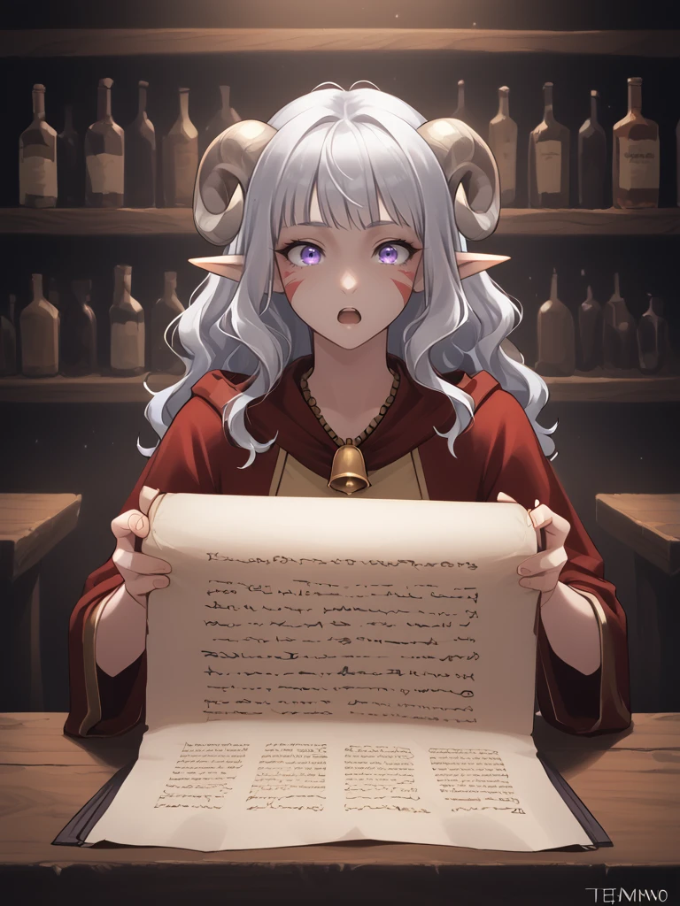 source_furry, score_7_up, rating_safe, source_anime, anime face, <lora:whisker_markings:0.8>red whisker_markings, silver long wavy hair,  bell necklace, short pointy ears, purple eyes, <lora:age_slider_v4:0.6>
 <lora:Test_Diana:0.8> tiefling_bard_diana:1.2, solo , outstretched arms, 
scroll, holding scroll, tavern, table, 
<lora:Smooth Style 2 SDXL_LoRA_Pony Diffusion V6 XL:0.4>  open eyes,<lora:INKxXmo shaded face:0.3> Shaded FaceINKxXmo Dark Theme,  <lora:Opened_Scroll:0.8>