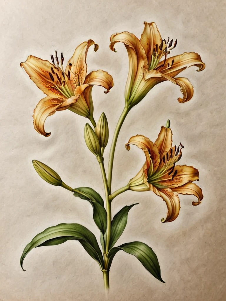 detailed, lily flower head by ingrid-elias-style, botanical art, on parchment<lora:ingrid_elias_style:0.8> <lora:ParchartXL_CODA:1>