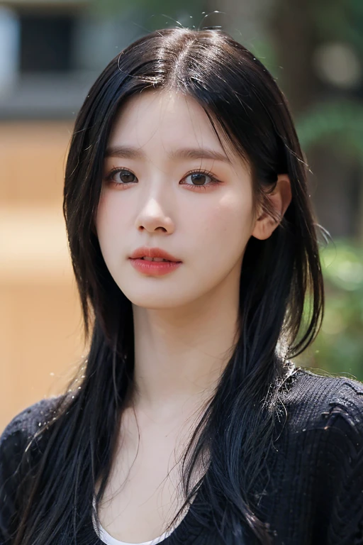 masterpiece, best quality, ultra-detailed, ultra high res, (photorealistic:1.4), raw photo, (realistic:0.2), 8k HDR, realistic lighting, 1girl, solo,  asymmetrical hair, outdoors, bokeh, (detailed lips), (detailed pores), (detailed skin textures), (detailed face:1.2), (upper body:1.3), cardigans,