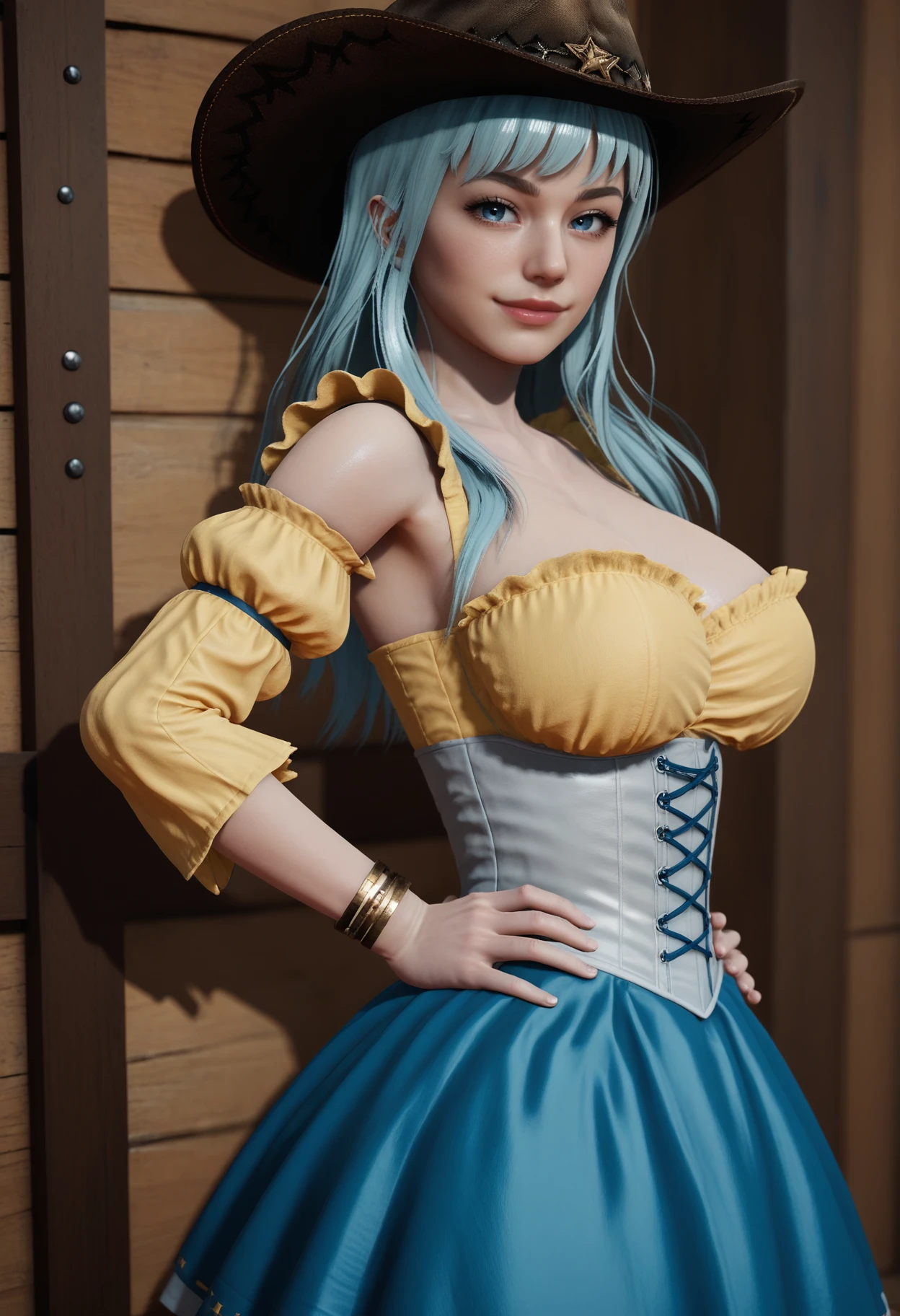 score_9, score_8_up, score_7_up,
1girl, solo, yellow shirt:frills:detached sleeves:puffy sleeves:long sleeves, white corset. blue skirt. pantyhose. bracelet. cowboy hat. blue eyes. standing, looking at viewer, seductive smile, hands on own hips, wide shot, from side, dutch angle, 
<lora:Dark_Calypso_Pony_v1.0:0.75> d4rkc4lyps0,