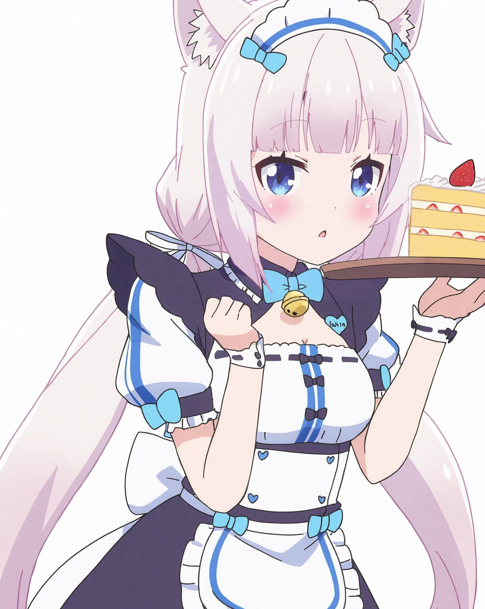 Nekopara,NK_TV_Style, Vanilla_\(nekopara\), 1girl, solo, cake, animal_ears, food, blue_eyes, long_hair, bow, breasts, blue_bow, cat_ears, bell, twintails, maid_headdress, short_sleeves, apron, white_hair, cleavage, simple_background, looking_at_viewer, white_background, blunt_bangs, maid, holding, bowtie, blush, puffy_short_sleeves, low_twintails, jingle_bell, name_tag, puffy_sleeves, blue_bowtie, very_long_hair, cake_slice, waist_apron, holding_tray, animal_ear_fluff, ribbon_trim, tray, frills, hand_up, medium_breasts, holding_plate, cleavage_cutout, clothing_cutout, plate, waitress, white_apron, hair_bow, :o, parted_lips, ribbon, cat_girl, dress, fruit, strawberry, neck_bell, frilled_apron, wrist_cuffs, open_mouth,