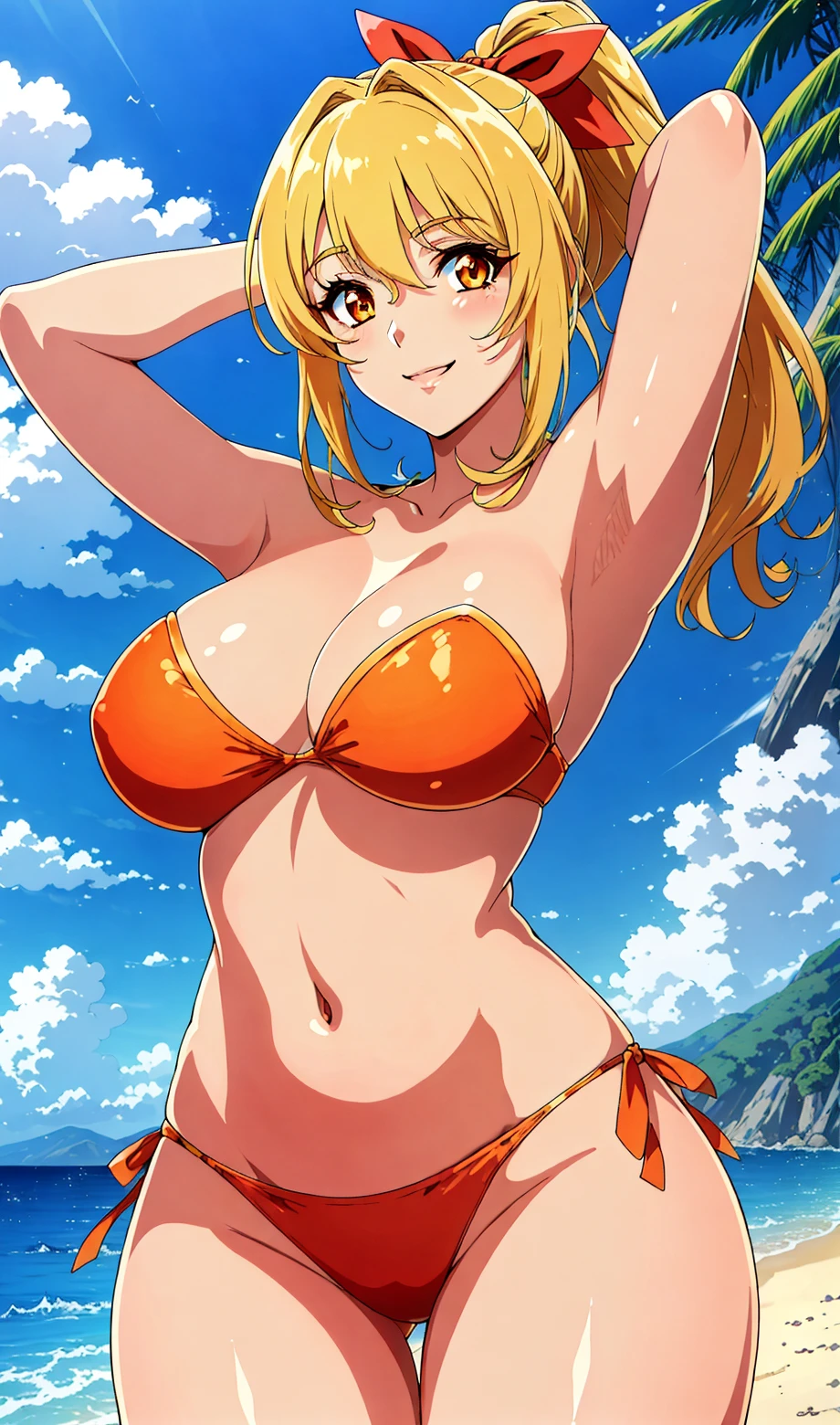 extremely detailed CG, unity 8k wallpaper, high resolution, master piece, high quality, ultra-detailed, parfect hands,
ultra detailed landscape, beach, sky, sea, 
cowboy shot, 1milf, 30 years old, solo, thigh focus, anime screencap, flat color, game cg,
beautiful detailed eyes, beautiful detailed face, ultra-detailed eyes, perfect hands, arms behind head,
perfect anatomy, ideal ratio body proportions, hourglass body shape, gleaming skin, large breasts, thick thighs,
marinchan, smile, in heat, orange eyes, blonde hair, gradient hair, middle hair, ponytail, makeup, pink nail, red ribbon, strapless orange bikini,
<lora:add_detail:-0.3> <lora:marinchan:0.5> <lora:hourglassv01:0.3> <lora:last:0.3> <lora:boldline:-0.8> <lora:ç¼çå:0.3>