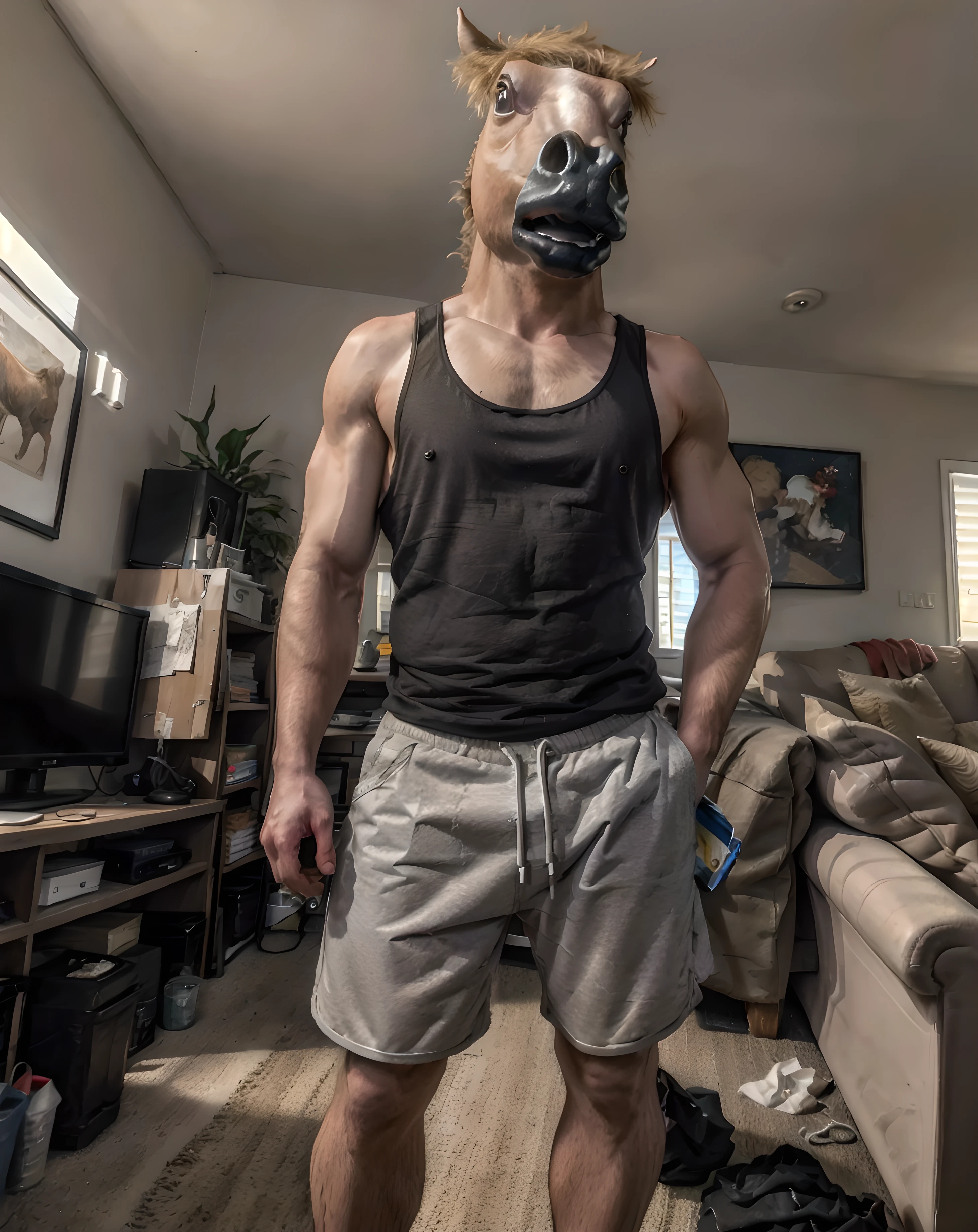 Shark man, muscular upper body, short pants, humanized shark face, rock hard abs, big pecs, bulge, light pubes