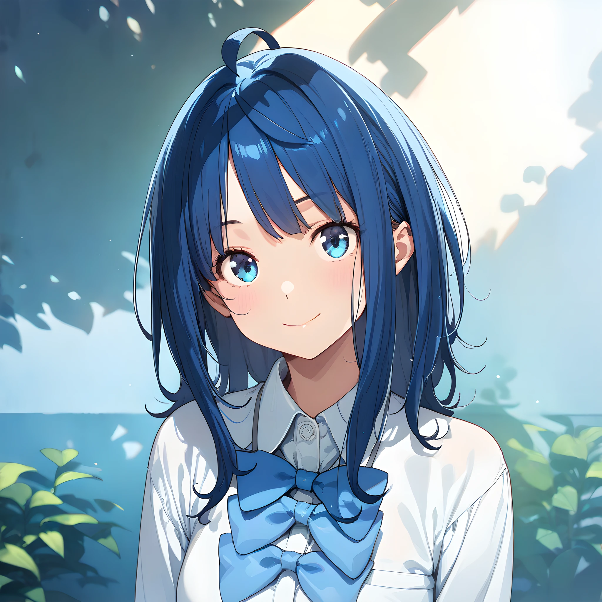 (masterpiece),(best quality),(ultra-detailed),(best illustration),(best shadow),(absurdres),(detailed background),(very aesthetic), anna_yanami, 1girl, solo, blue eyes, smile, bow, upper body, blue hair, shirt, looking at viewer, ahoge, simple background, blue bow, bangs, white shirt, collared shirt <lora:XL-AnnaYanami:1>