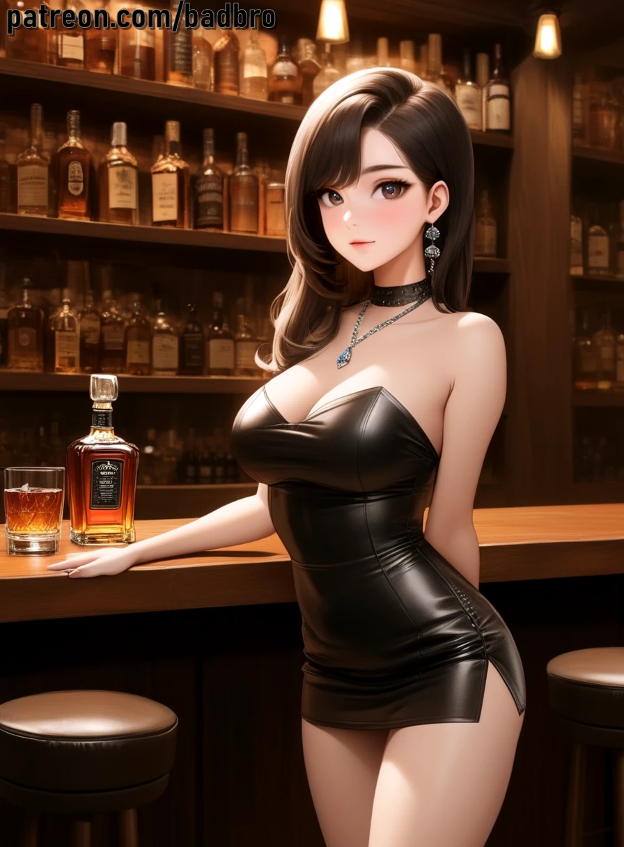 1girl, large_breasts, solo,  detailed background, complex background, fresh face, perfect body, at night, black highheels, collar, short dress, "whiskey bar, wooden bar counter, bar stools,  whiskey bottles, glassware, whiskey glasses, decanters, dim lighting, leather seating, rustic decor, 
